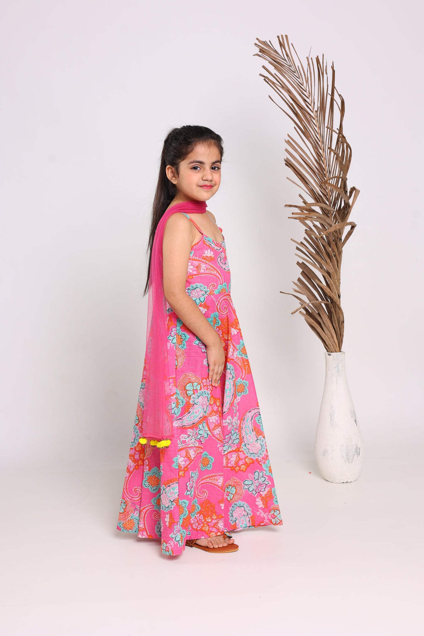 Pink Cotton Fit And Flare Maxi Dress For Girls