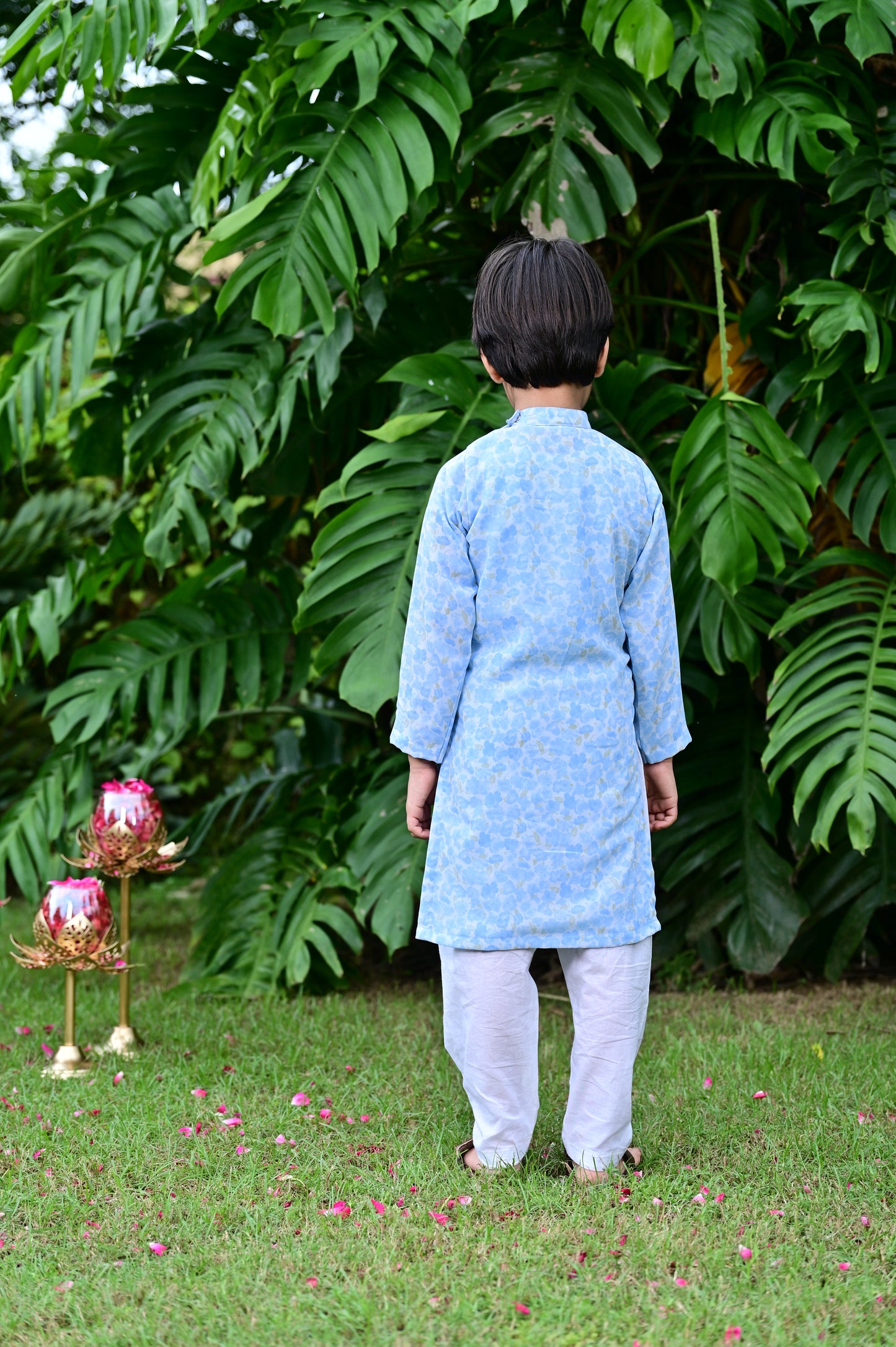 Boys sky blue floral print georgette embellished kurta with a cotton pajama