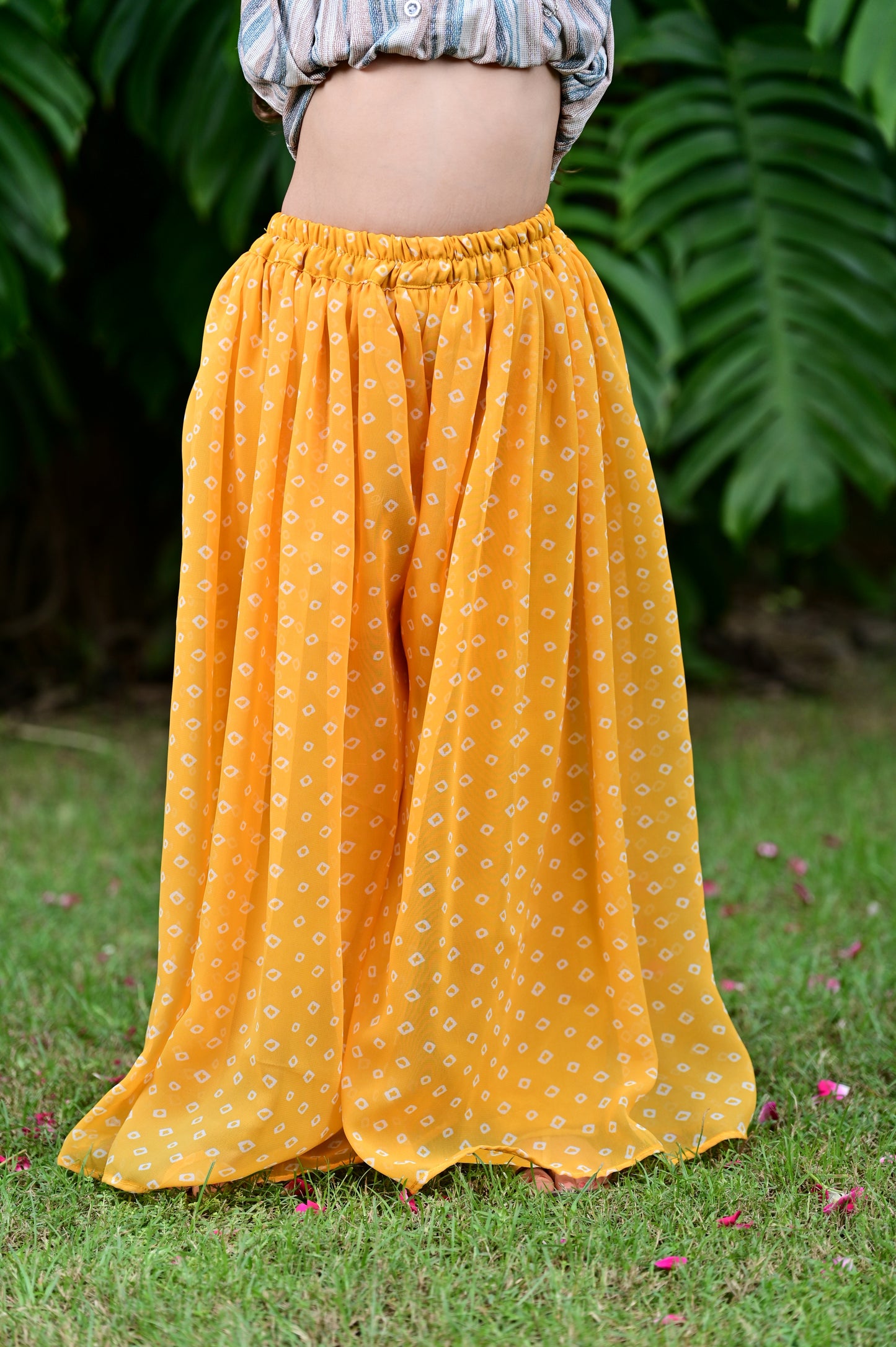 Yellow Bandhani Print Georgette Kurta Sharara Set For Girls