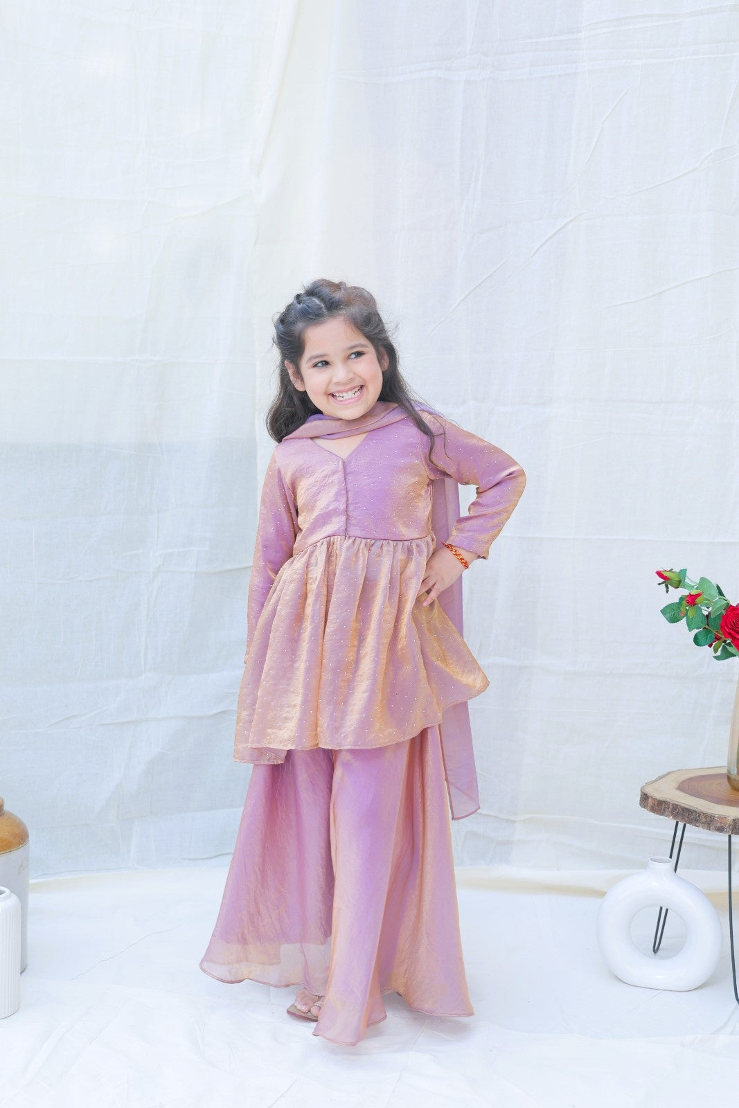 Lavender V Neck Swarovski Work Kurta With Sharara And Dupatta for girls