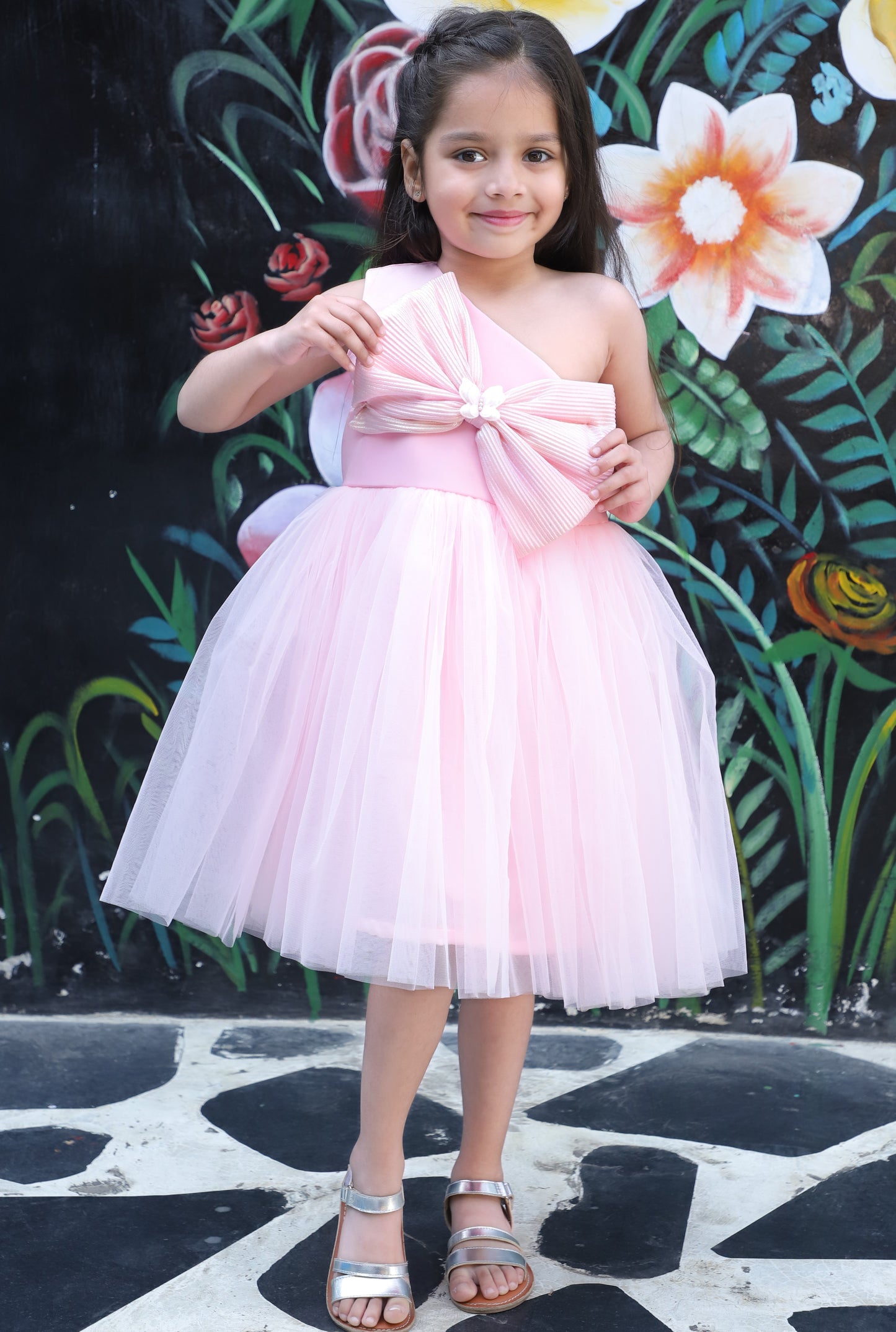 Girls Pink Bow Fit and Flare Dress with Detachable Trail