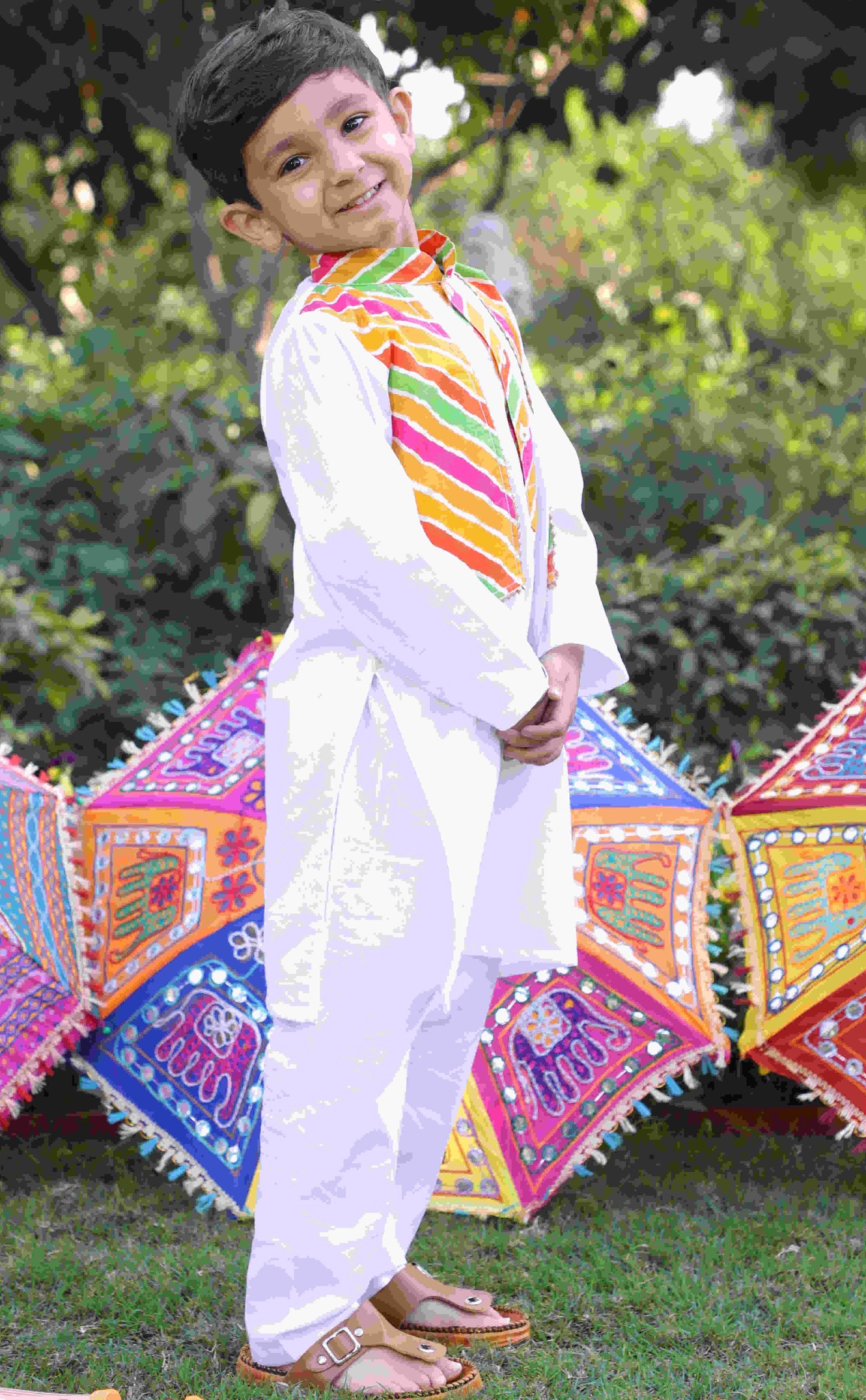 Boys Pure Cotton Kurta Set with Multi-Color Striped Jacket