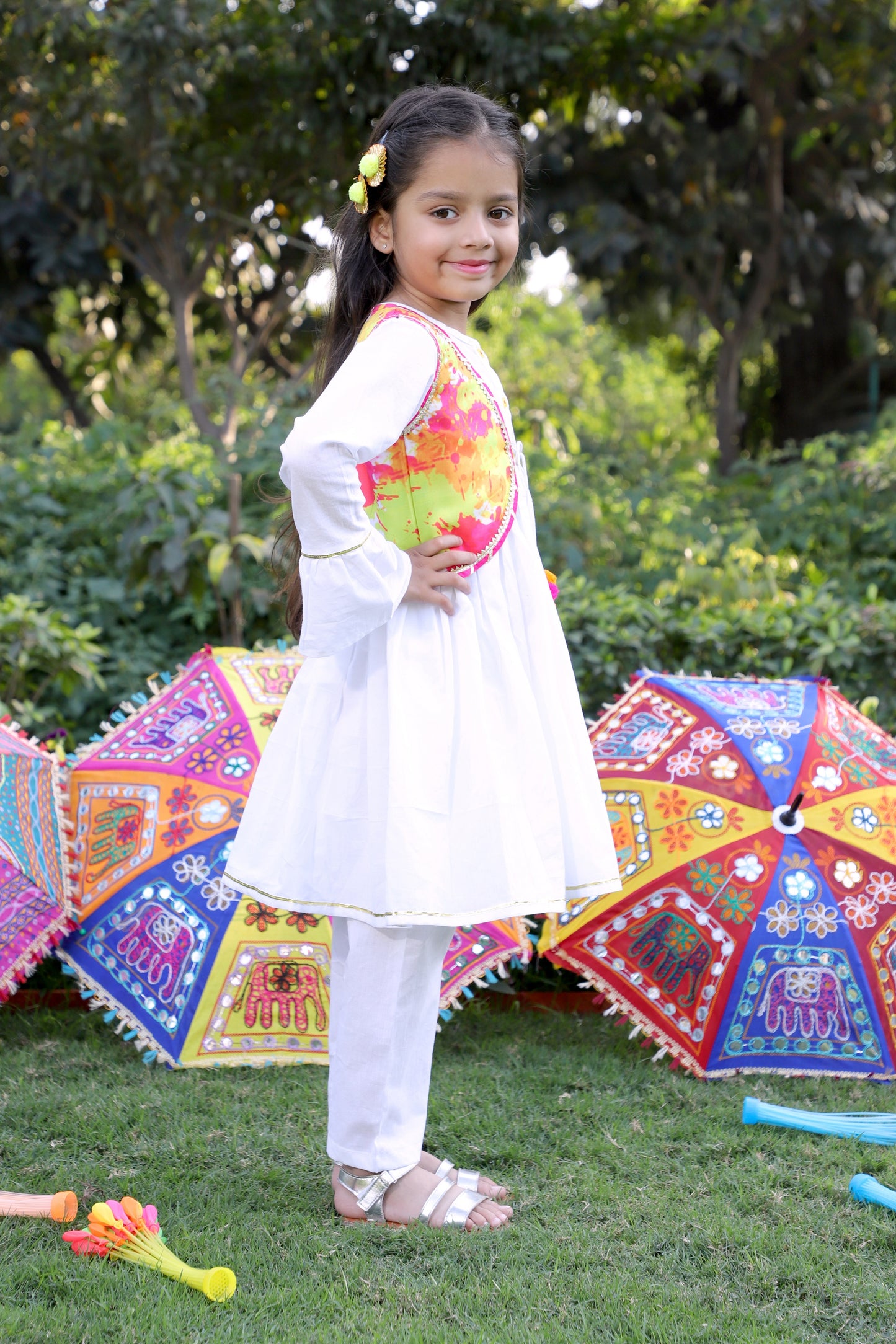 Girls White Gathered Kurta with Embellished Choli & Pant Set