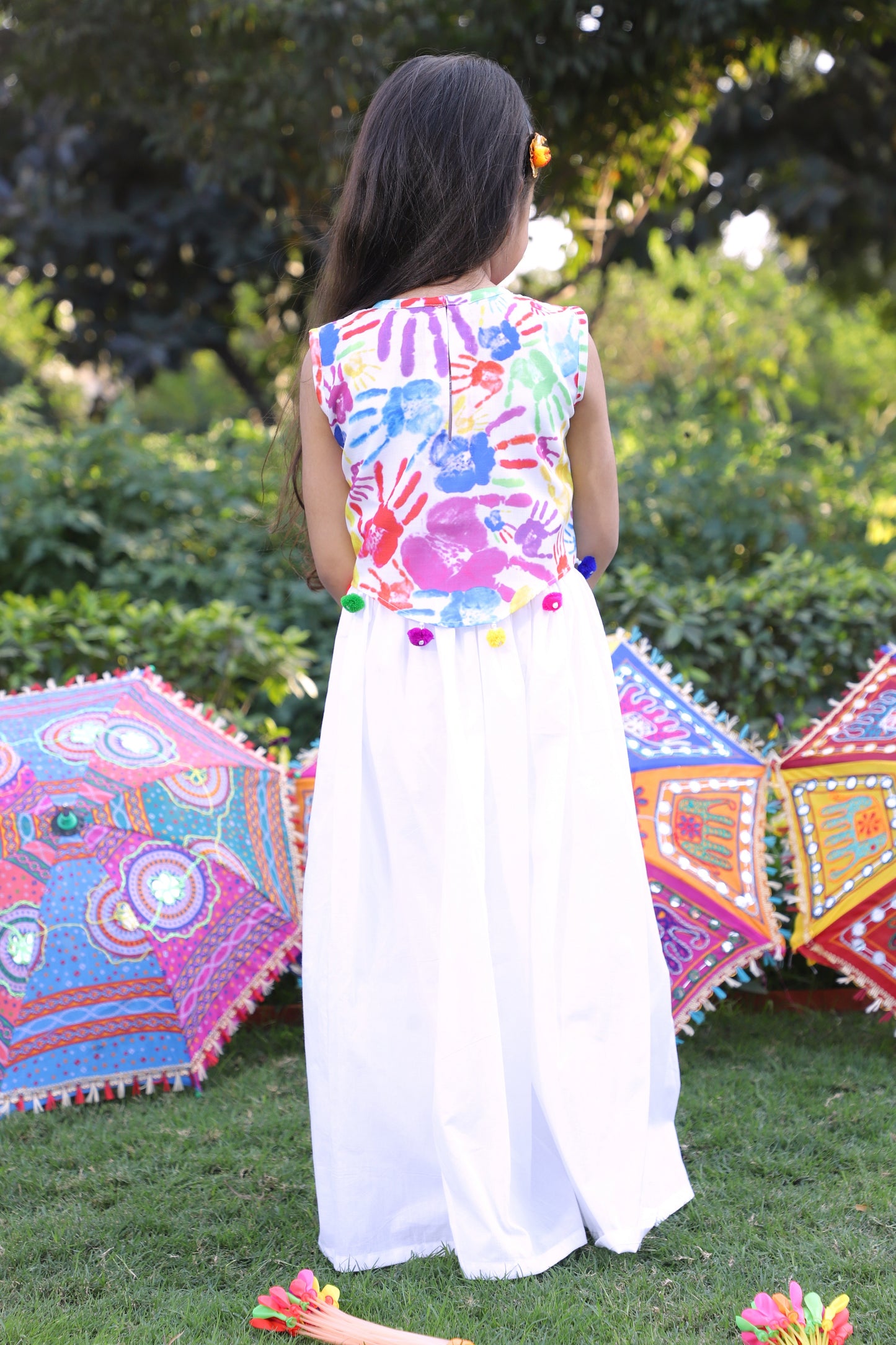 Girls Multi-Color Holi Printed Embellished Crop Top with Gathered Palazzo