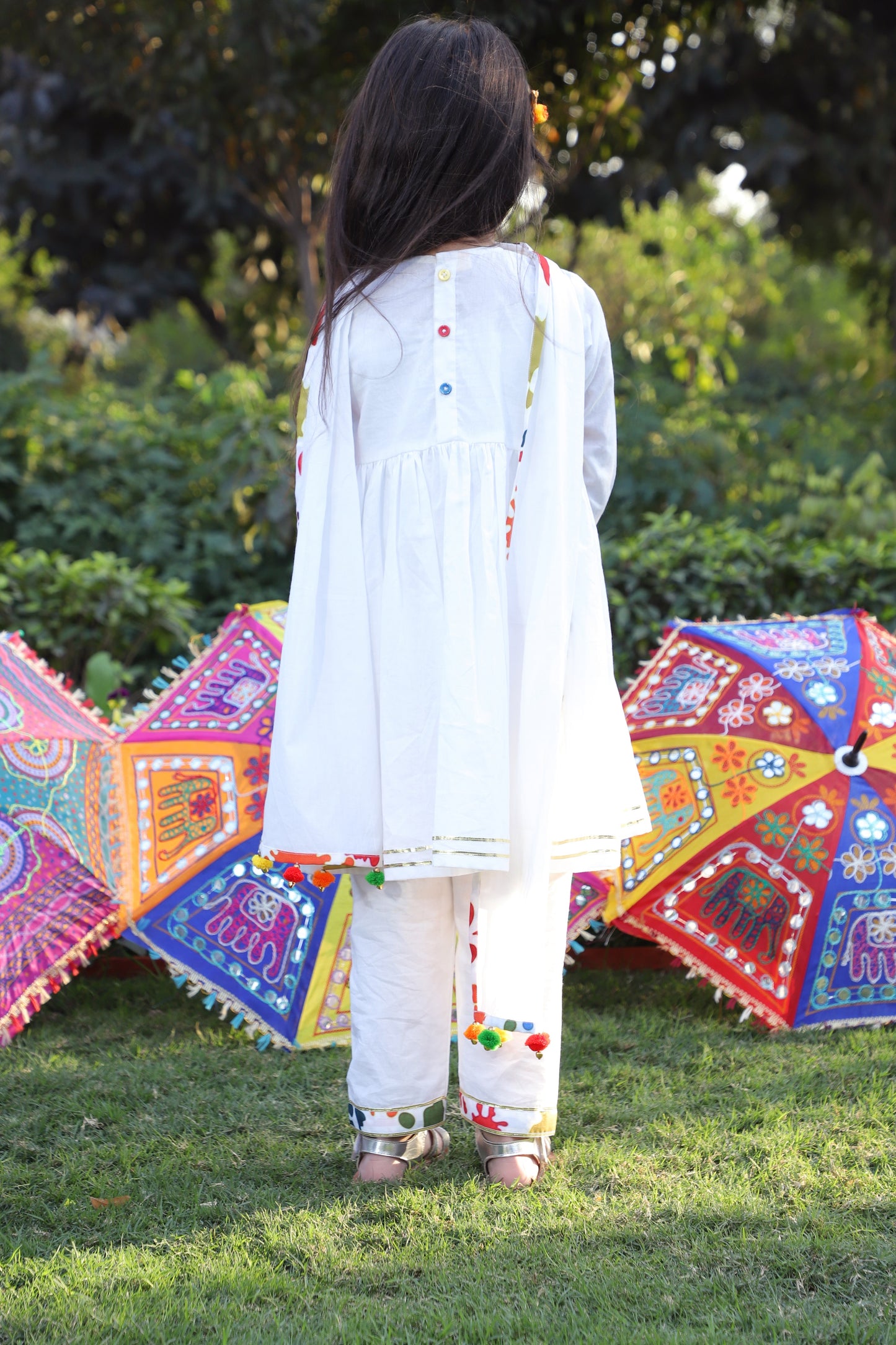 Girls Multi-Color Splash Printed Angrakha Kurta with Pant and Dupatta
