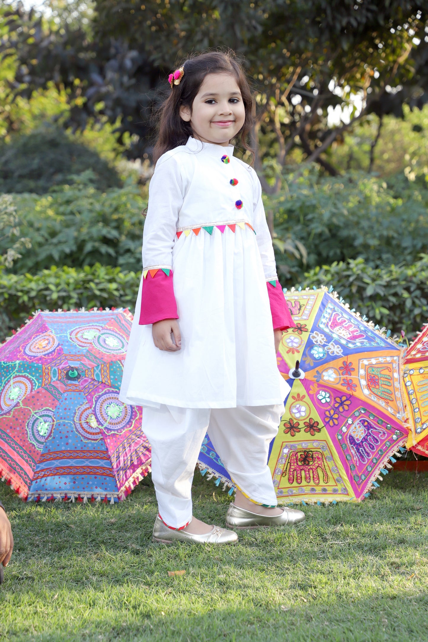 Girls White Embellished Gathered Kurta with Dhoti
