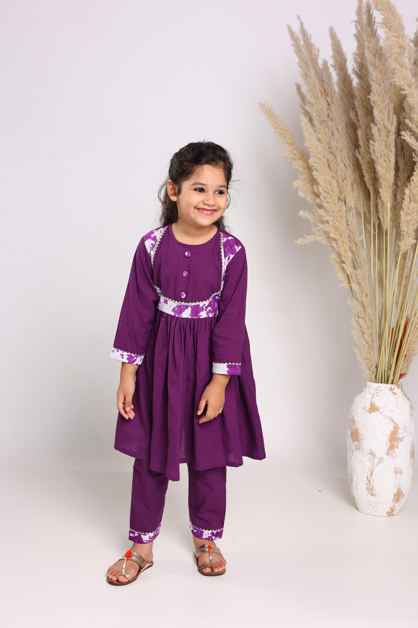 Purple Pure Cotton Three Quarter Sleeves Solid Knee Length Kurta Sets For Girls