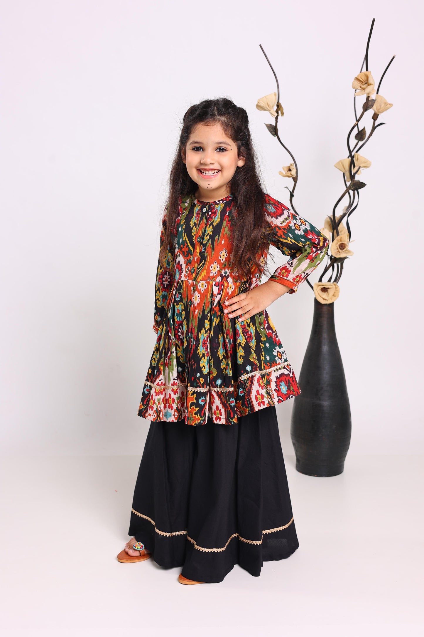 Multicolour Pure Cotton Three Quarter Sleeves Printed Knee Length Kurta Sets For Girls