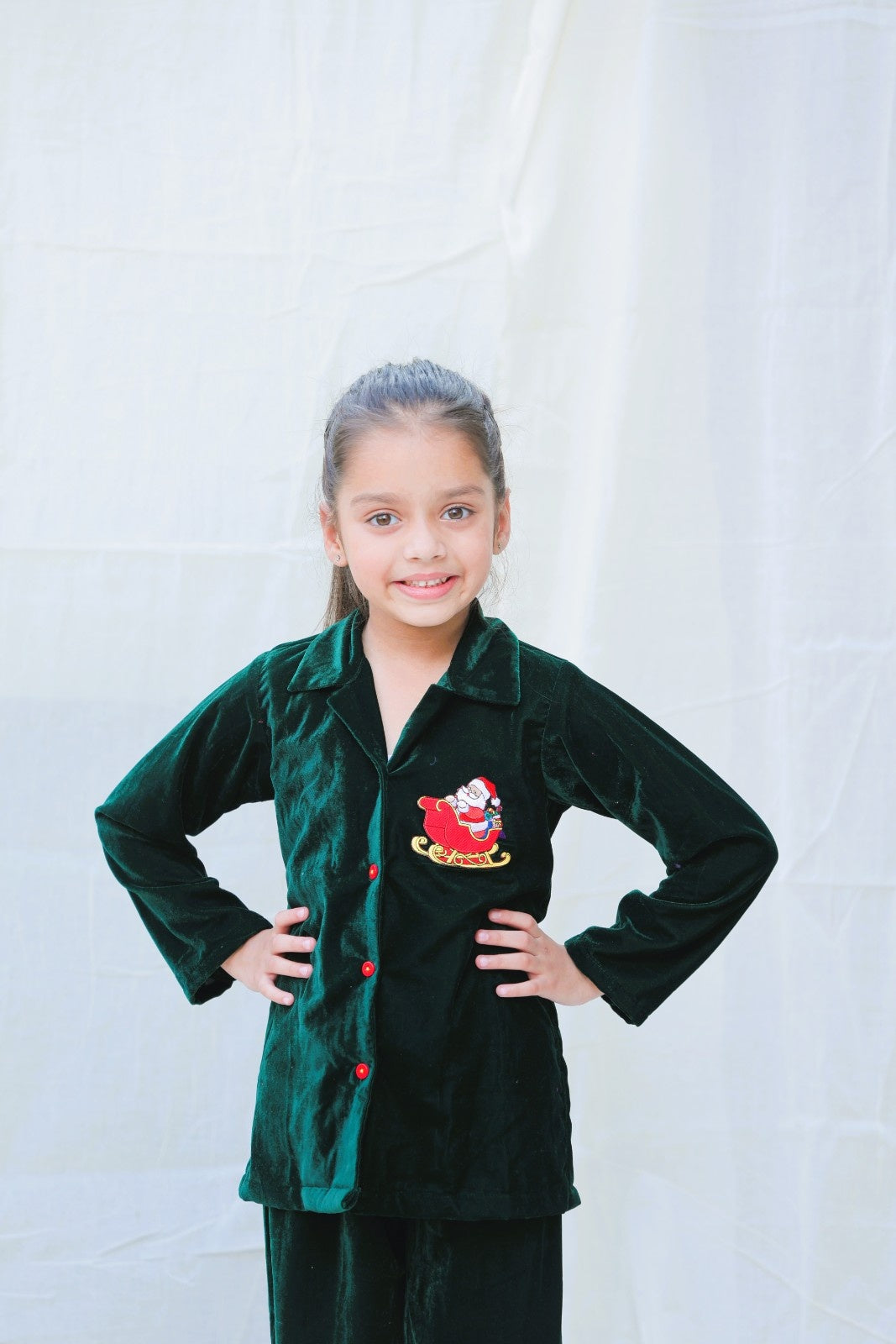 Green Velvet Winter Co Ord Set For Girls