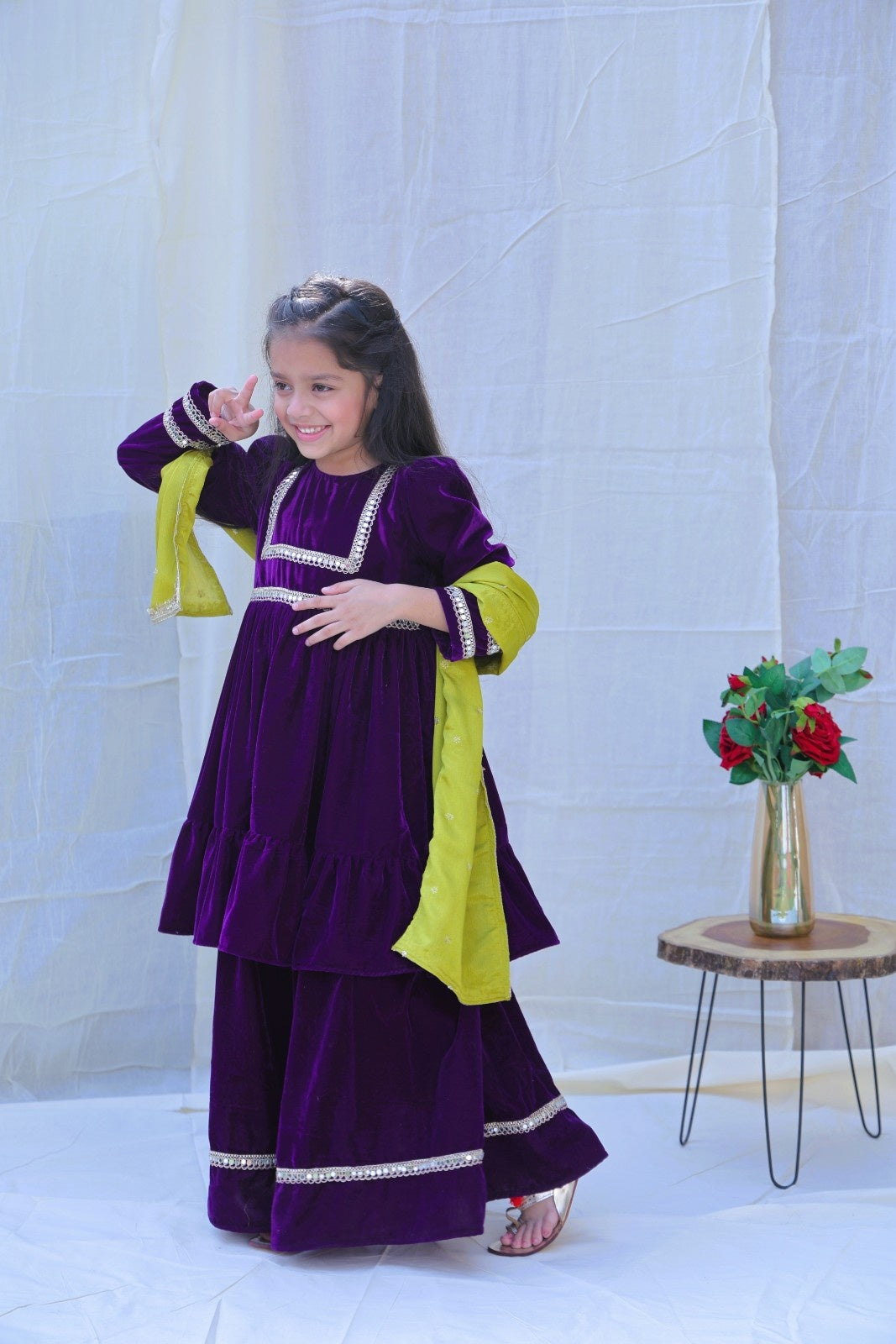 Purple Round Neck Mirror Work Velvet Kurta With Sharara And Dupatta for girls