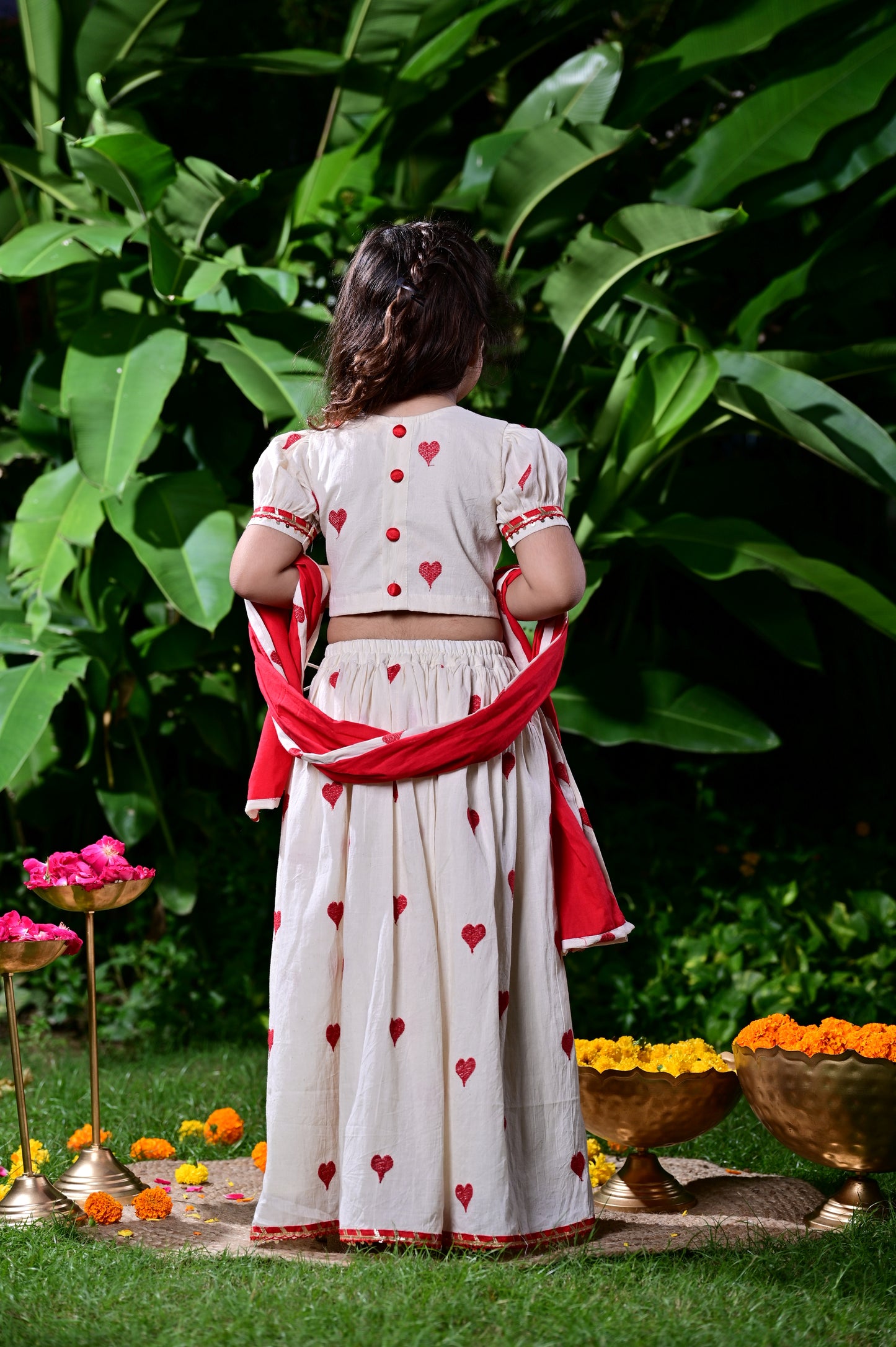 Off White Heart Embroidered Lehenga Choli For Girls