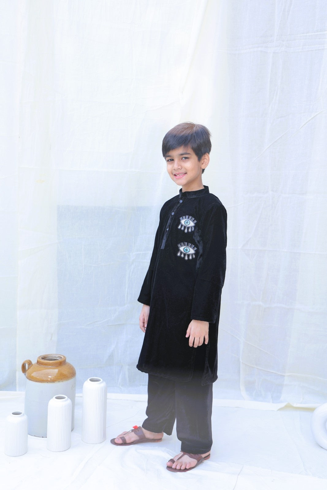 Black Evil Eye Velvet Kurta And Trousers for boys