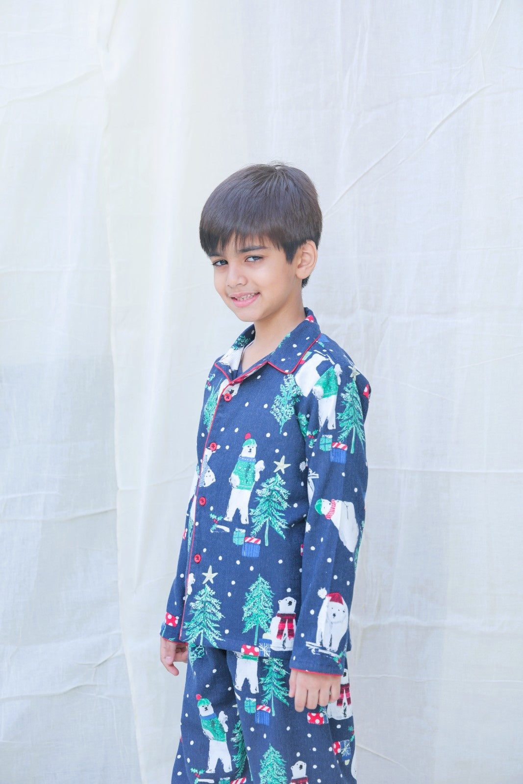 Blue Cotton Blend Collard Long Sleeves Winter Night Suits For Boys