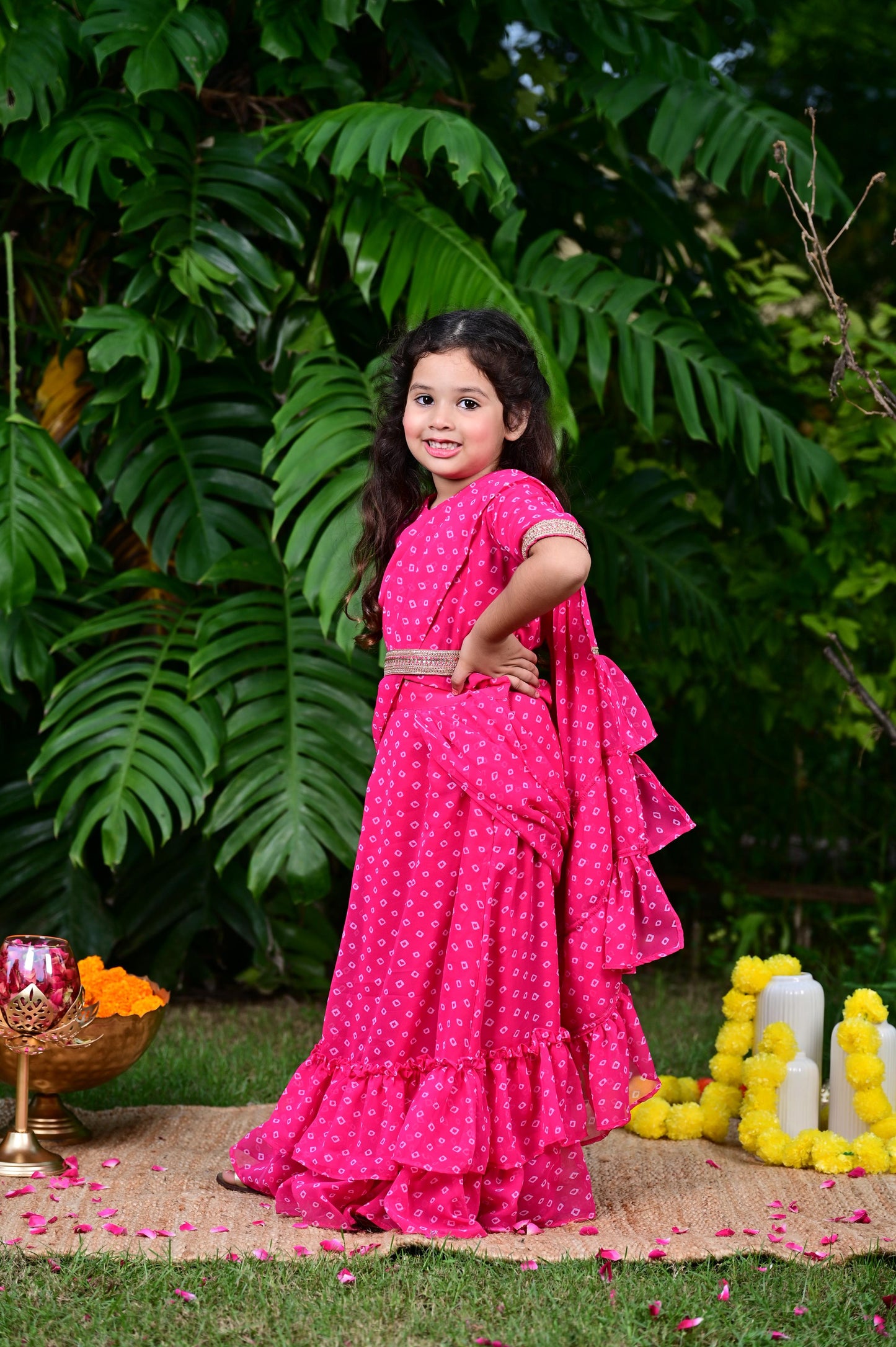 Pink Bandhani Print Georgette Drape Saree For Girls