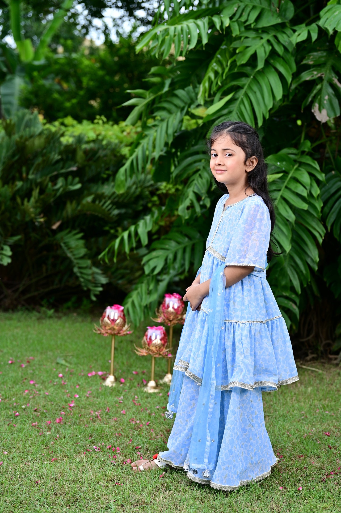 Sky Blue Floral Print Georgette Kurta Sharara Set For Girls
