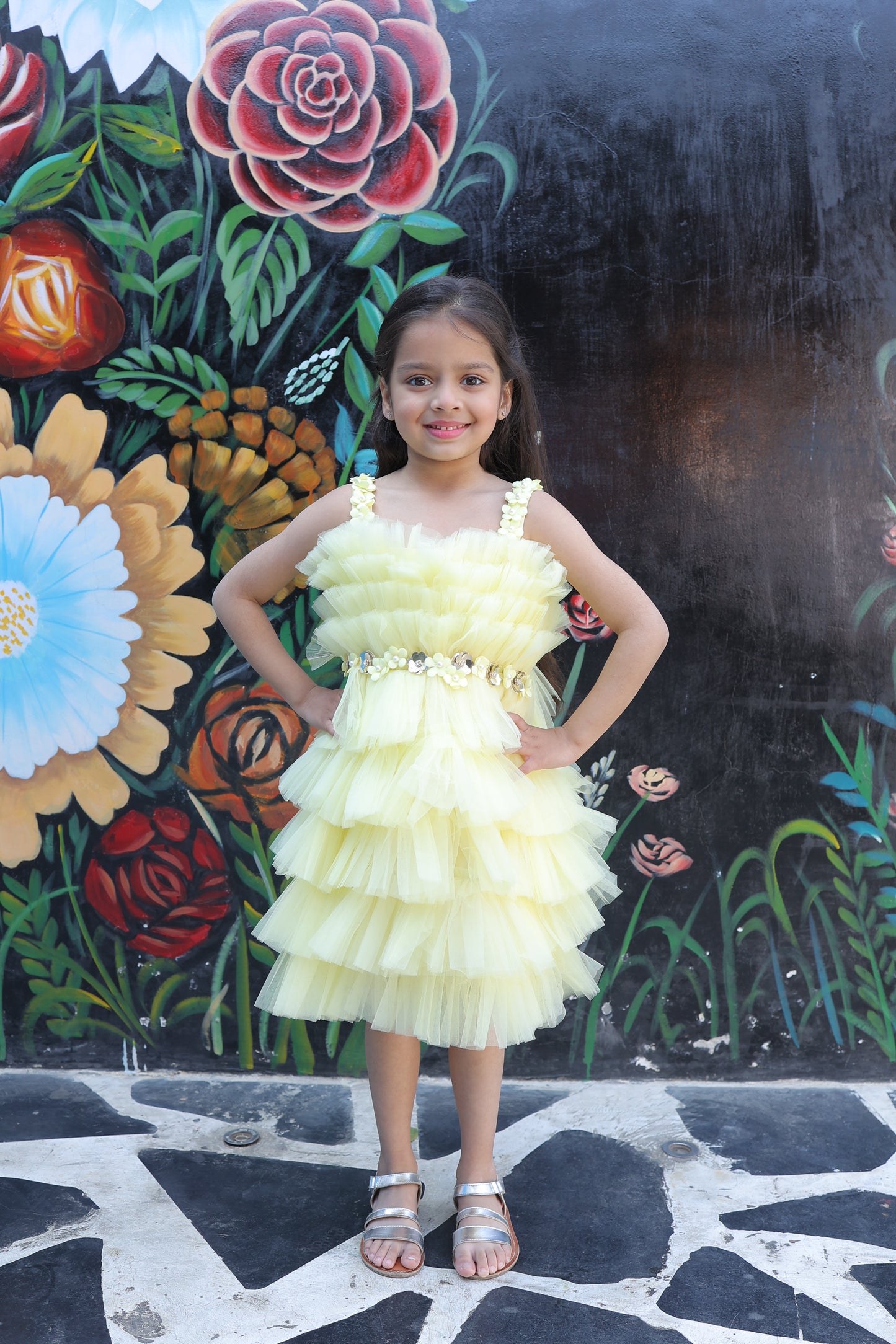 Girls Lemon Yellow Embellished Fit and Flare Dress