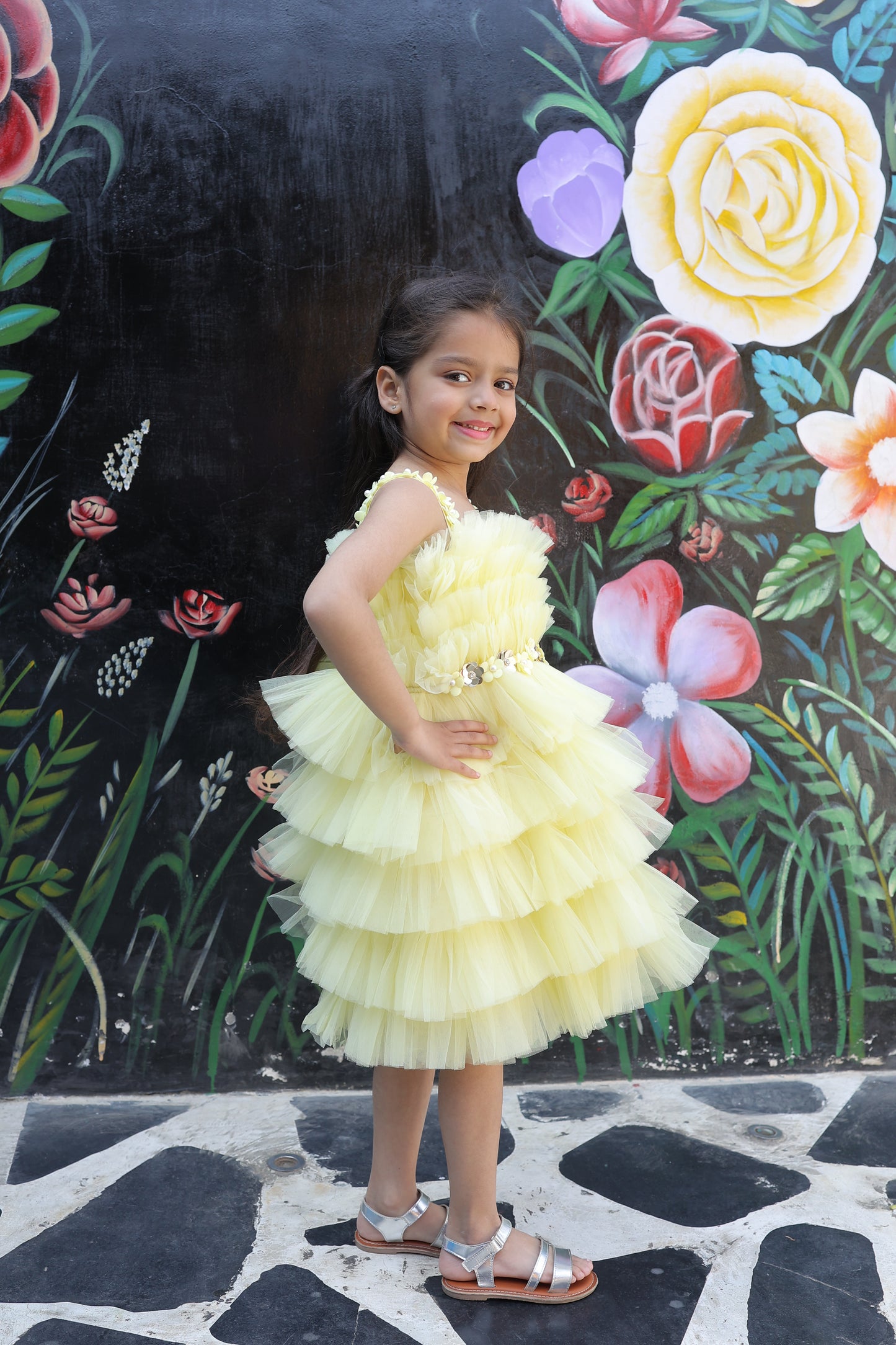 Girls Lemon Yellow Embellished Fit and Flare Dress