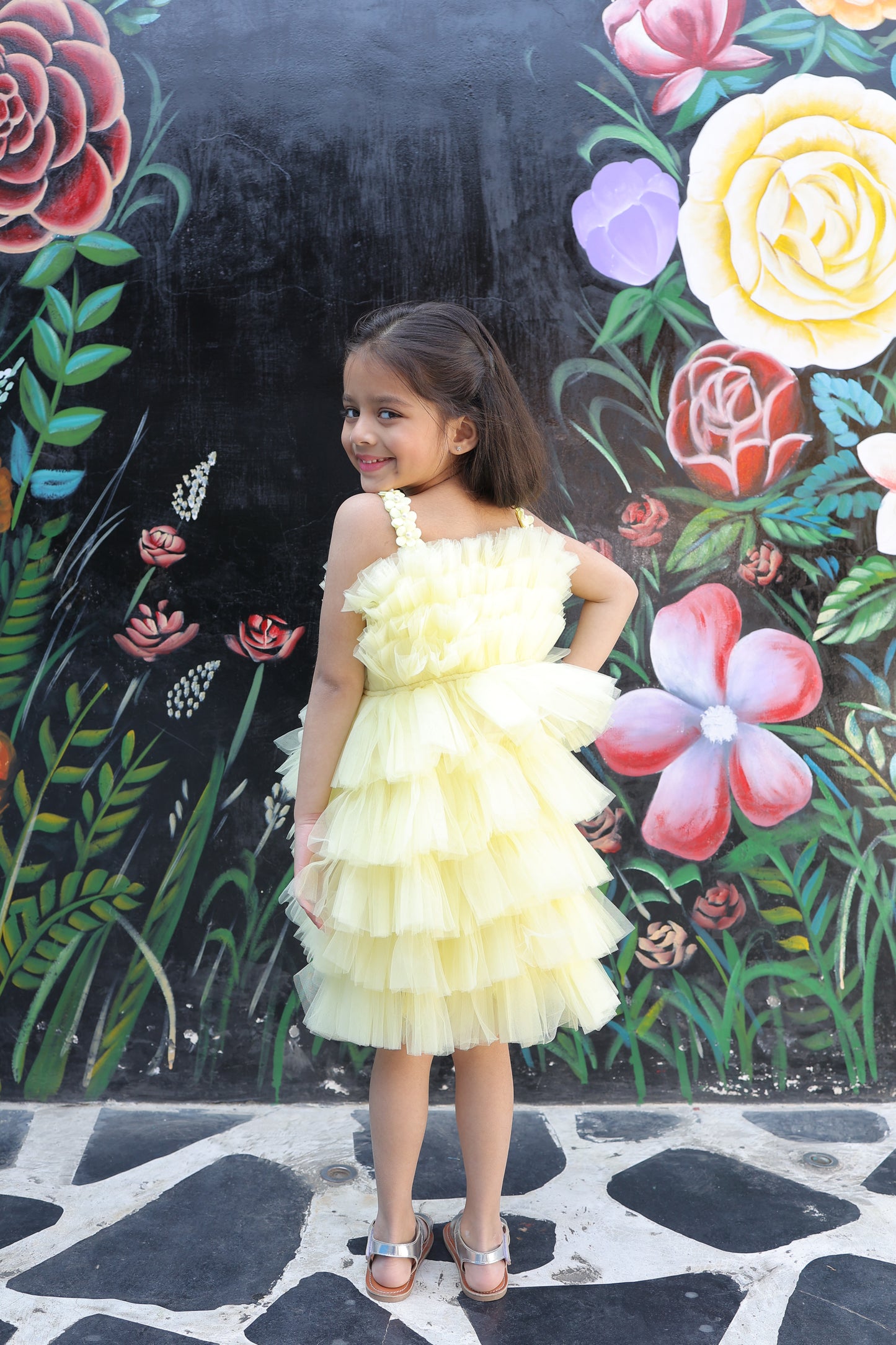 Girls Lemon Yellow Embellished Fit and Flare Dress