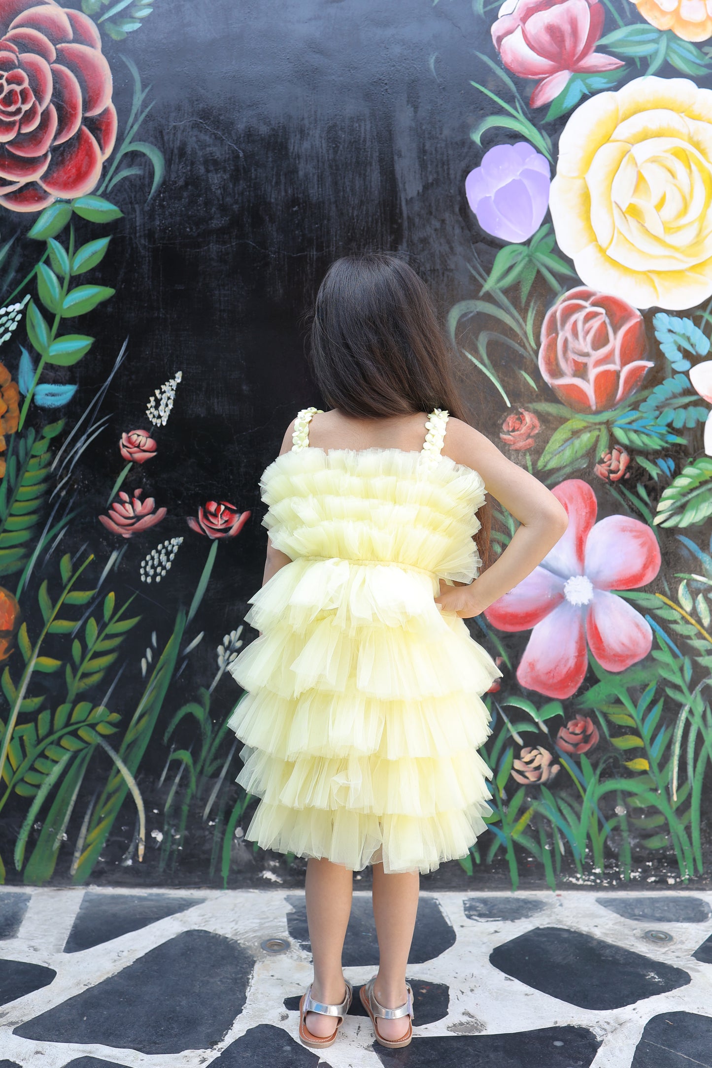 Girls Lemon Yellow Embellished Fit and Flare Dress