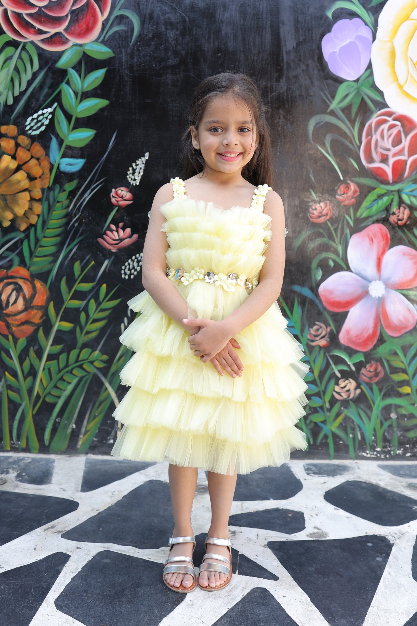 Girls Lemon Yellow Embellished Fit and Flare Dress