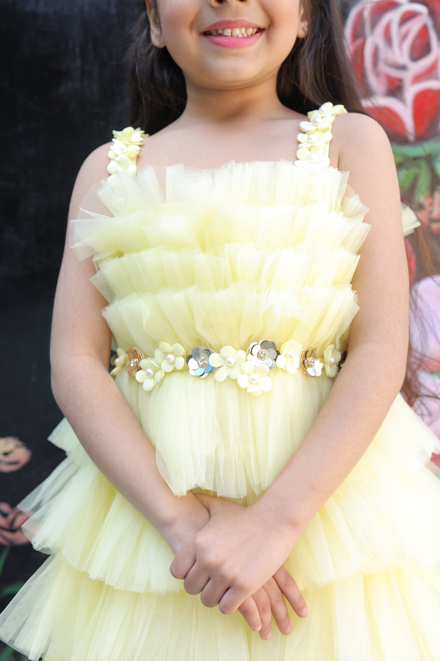 Girls Lemon Yellow Embellished Fit and Flare Dress