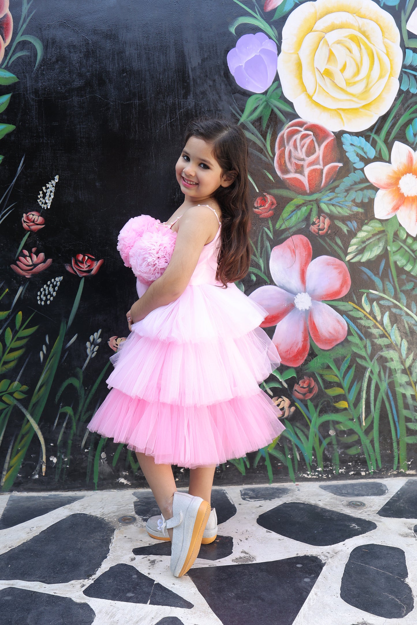 Girls Embellished Noodle Strap Fit and Flare Dress with 3D Flowers