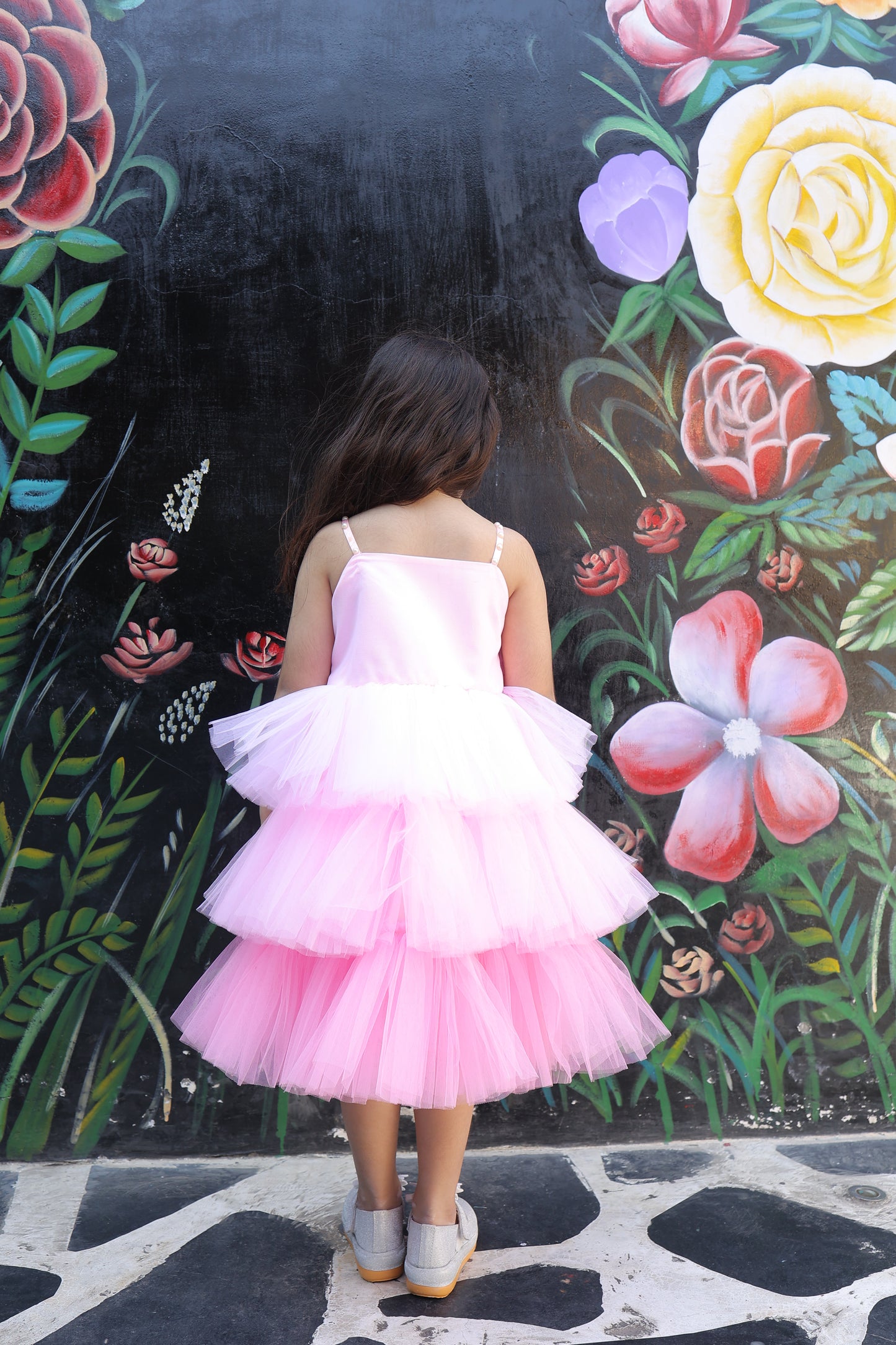 Girls Embellished Noodle Strap Fit and Flare Dress with 3D Flowers