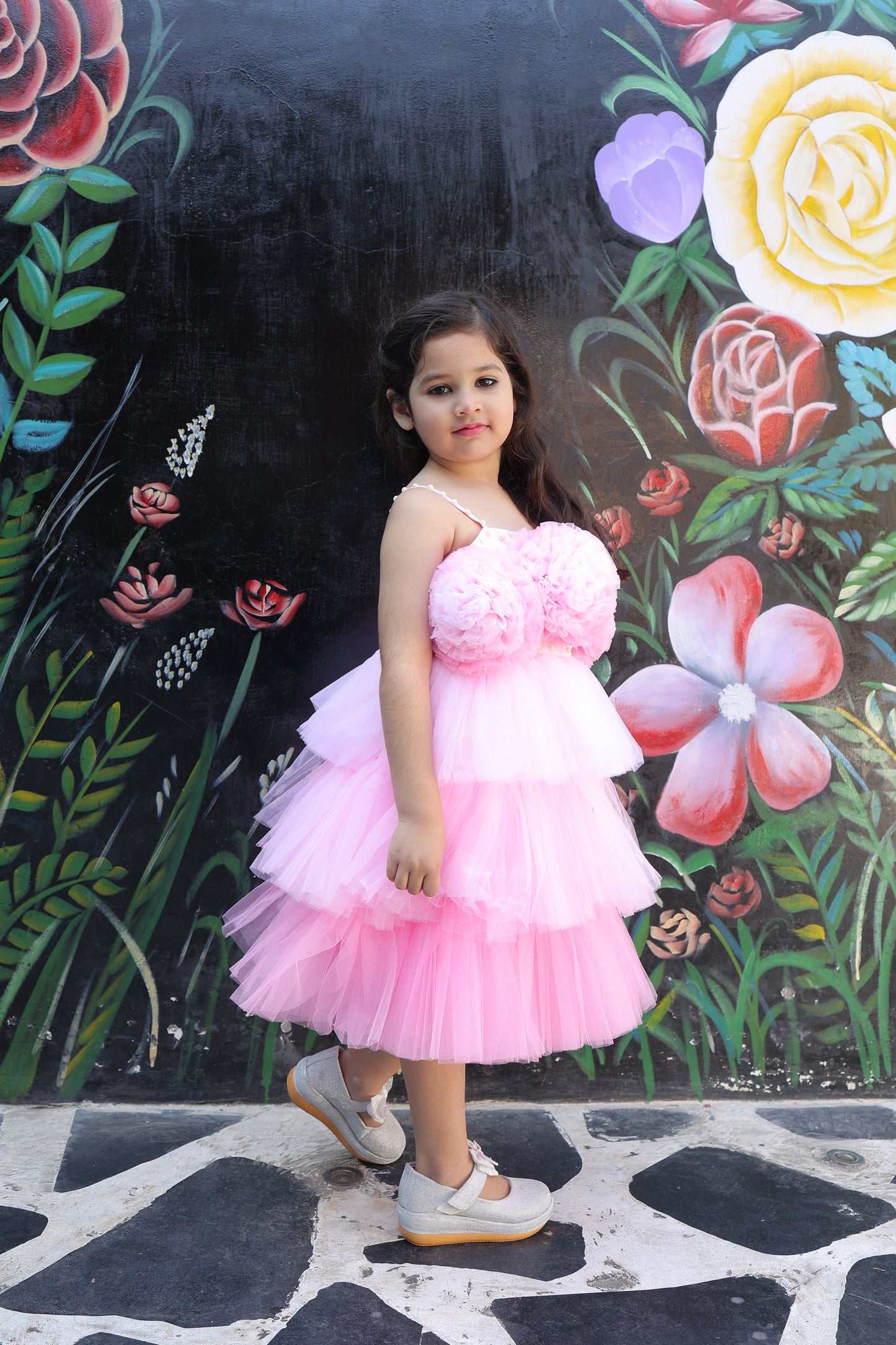 Girls Embellished Noodle Strap Fit and Flare Dress with 3D Flowers