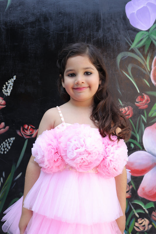 Girls Embellished Noodle Strap Fit and Flare Dress with 3D Flowers