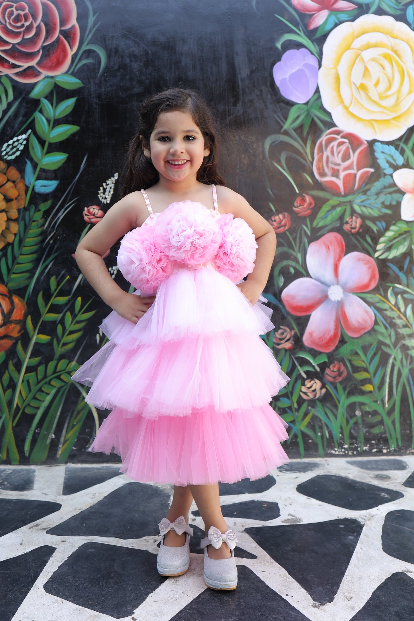 Girls Embellished Noodle Strap Fit and Flare Dress with 3D Flowers
