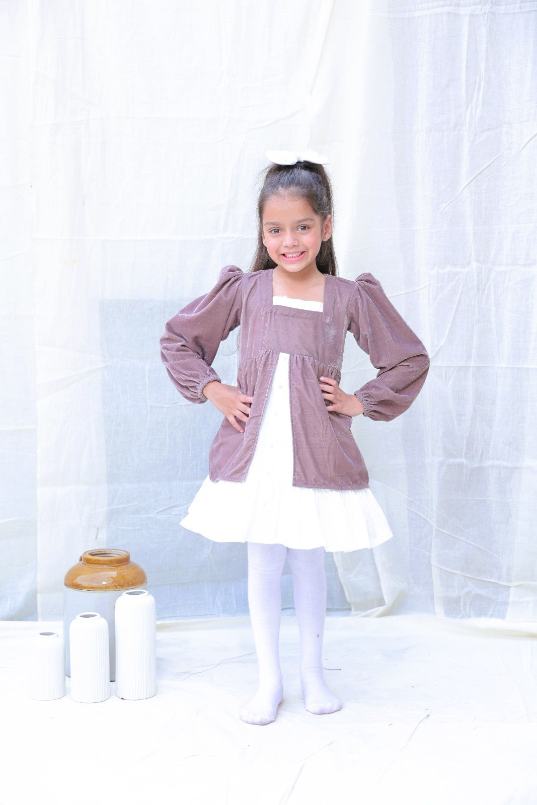 Taupe Fit And Flare Velvet Puff Sleeves For Girls