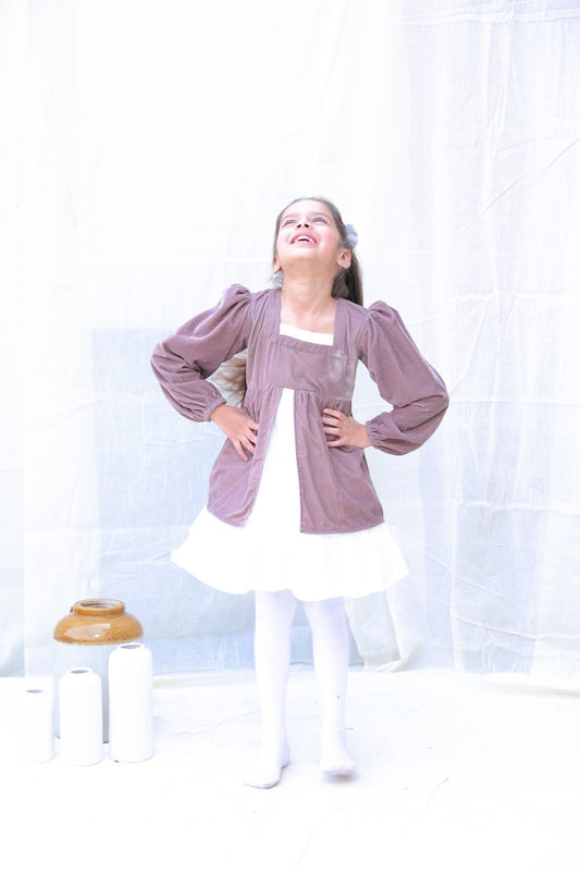 Taupe Fit And Flare Velvet Puff Sleeves For Girls