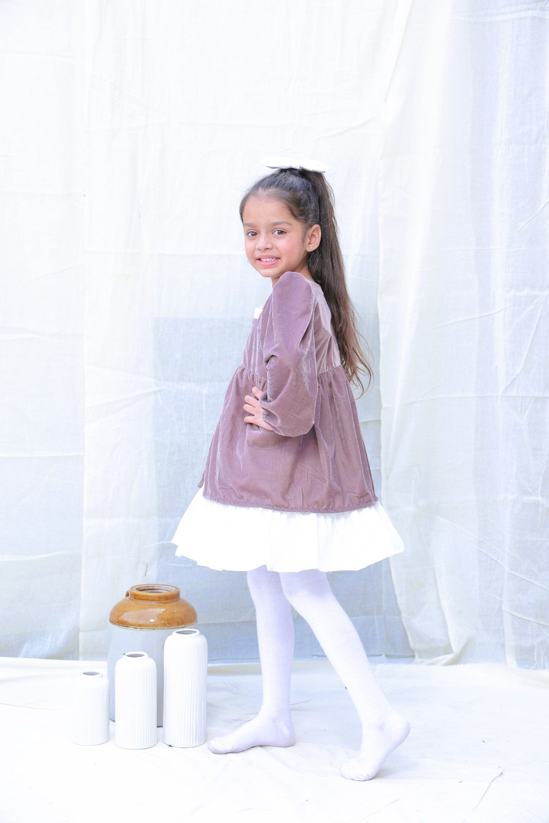 Taupe Fit And Flare Velvet Puff Sleeves For Girls