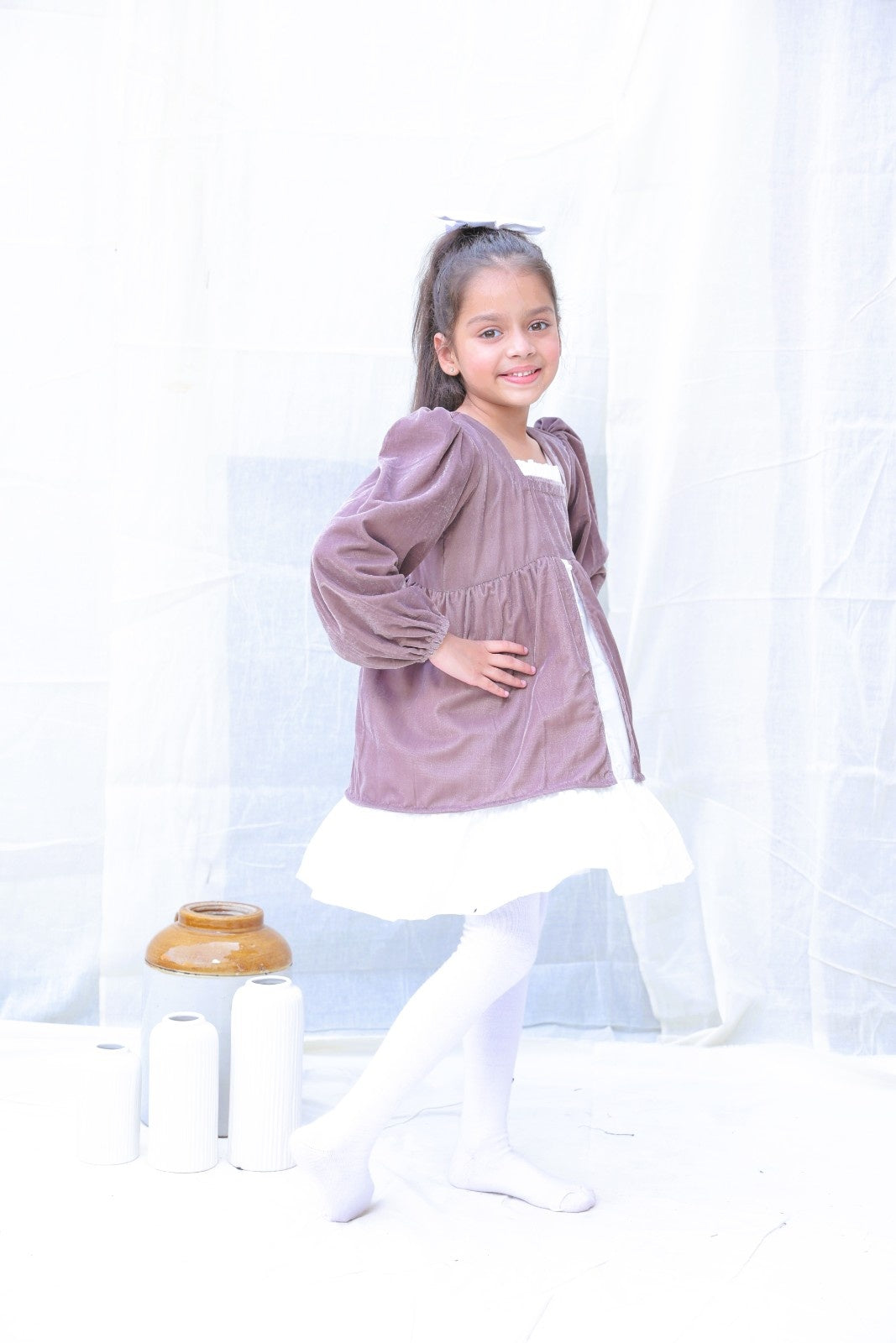Taupe Fit And Flare Velvet Puff Sleeves For Girls