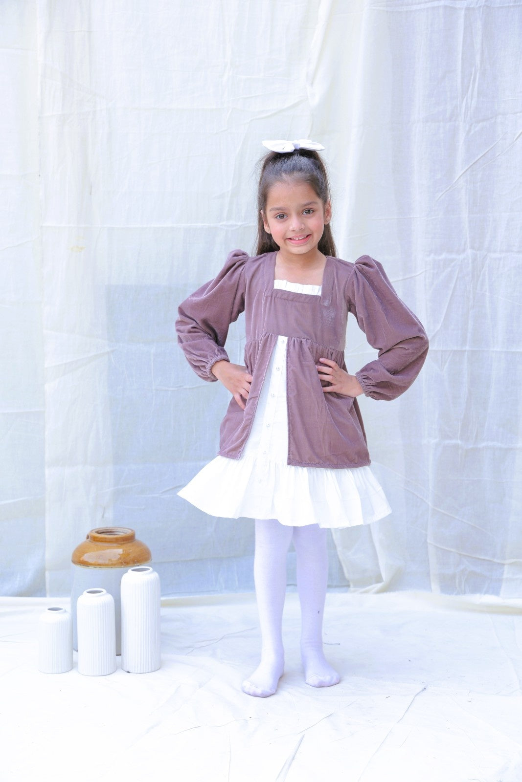 Taupe Fit And Flare Velvet Puff Sleeves For Girls
