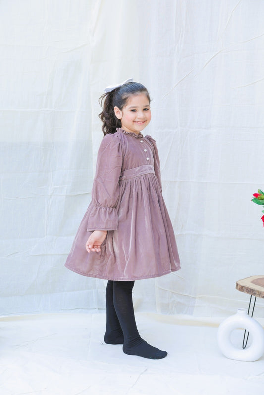 Taupe Fit And Flare Velvet Puff Sleeves For Girls
