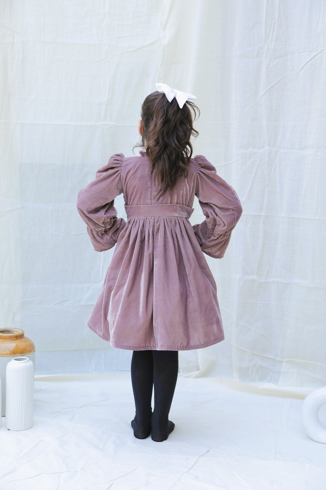 Taupe Fit And Flare Velvet Puff Sleeves For Girls