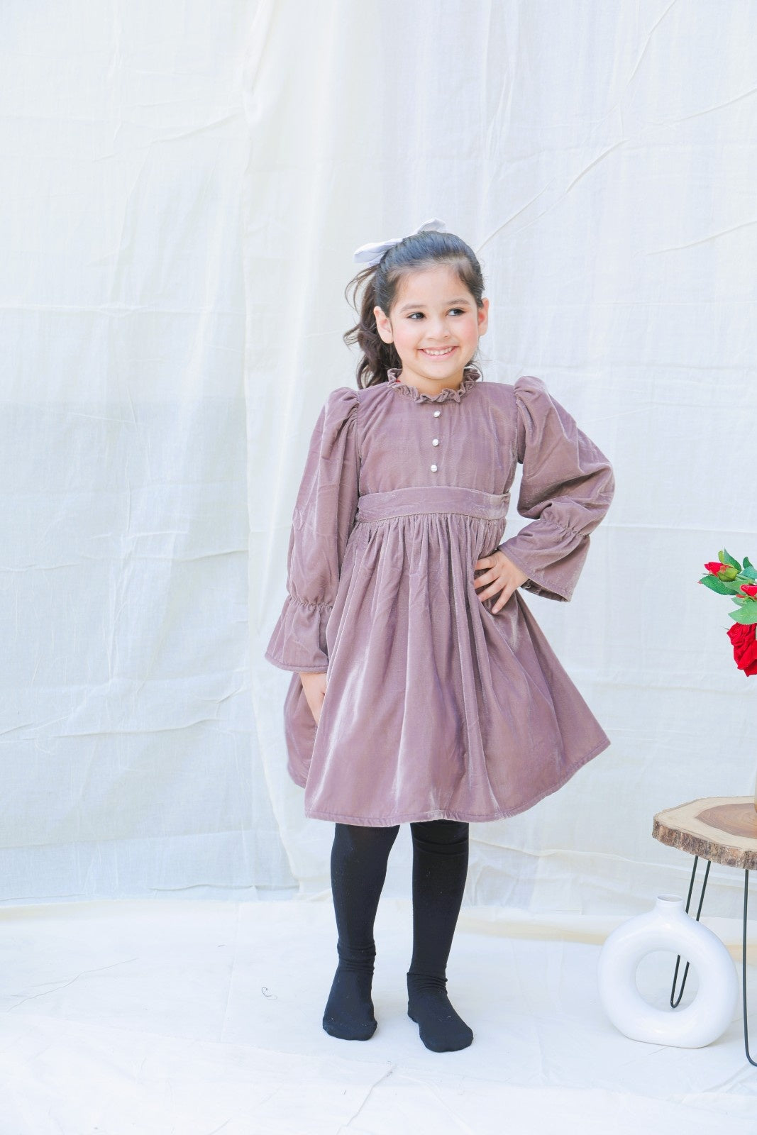 Taupe Fit And Flare Velvet Puff Sleeves For Girls