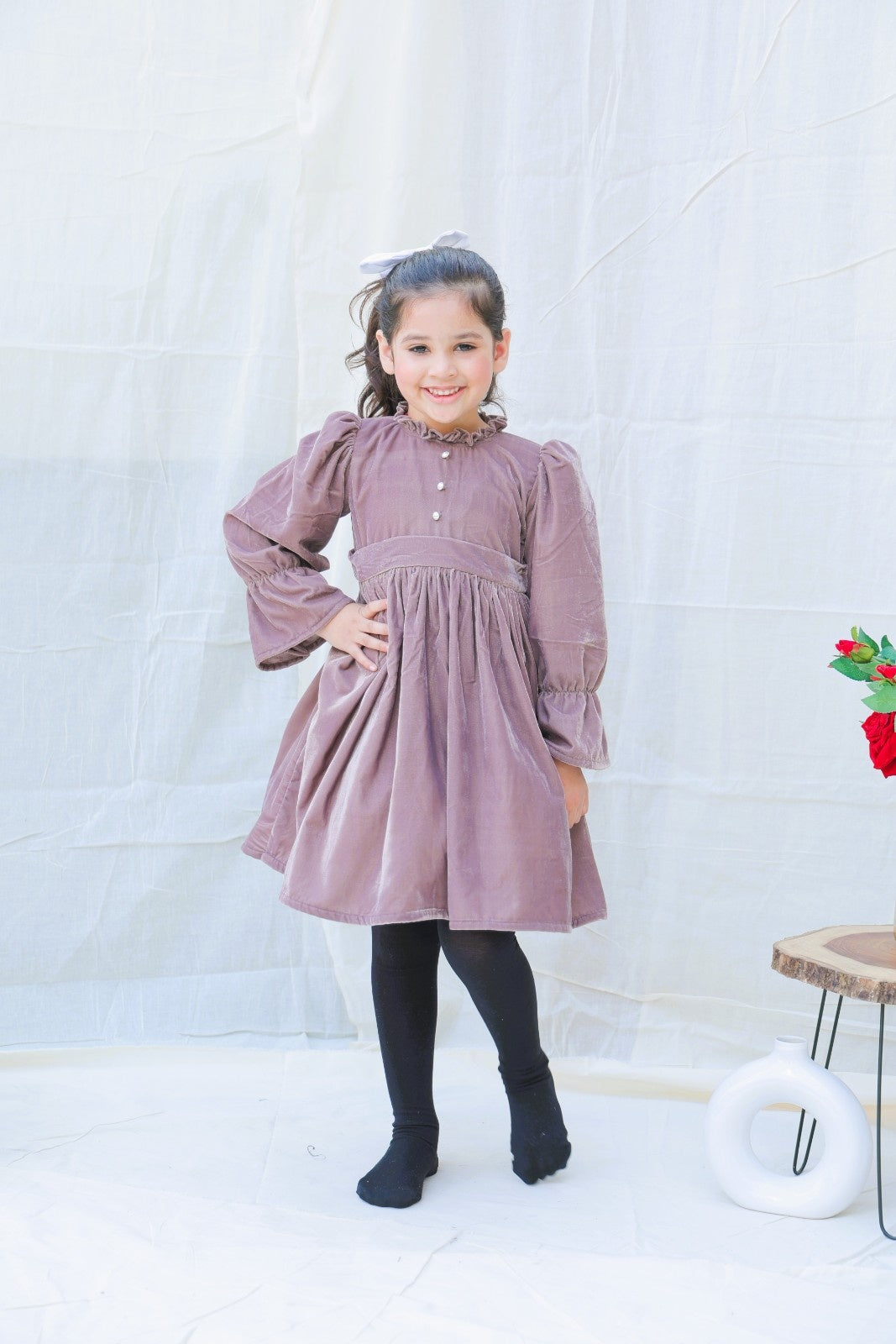Taupe Fit And Flare Velvet Puff Sleeves For Girls