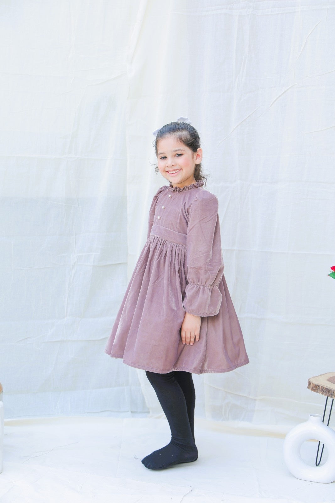 Taupe Fit And Flare Velvet Puff Sleeves For Girls