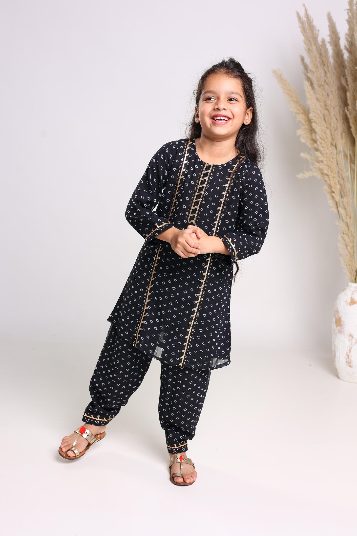 Black Pure Cotton Three Quarter Sleeves Printed Knee Length Kurta Sets For Girls