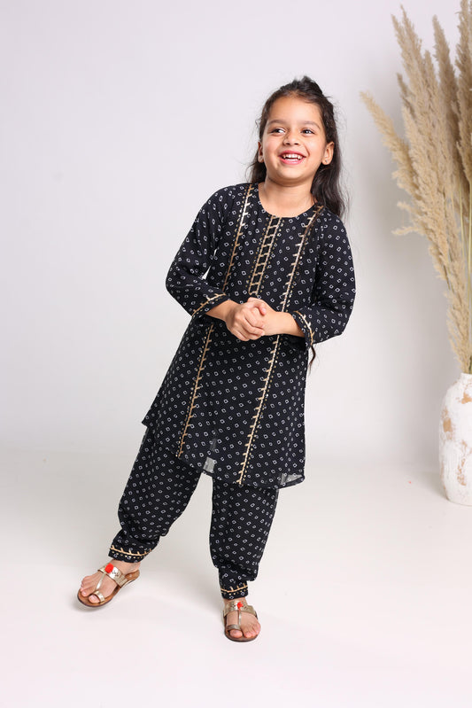 Black Pure Cotton Three Quarter Sleeves Printed Knee Length Kurta Sets For Girls