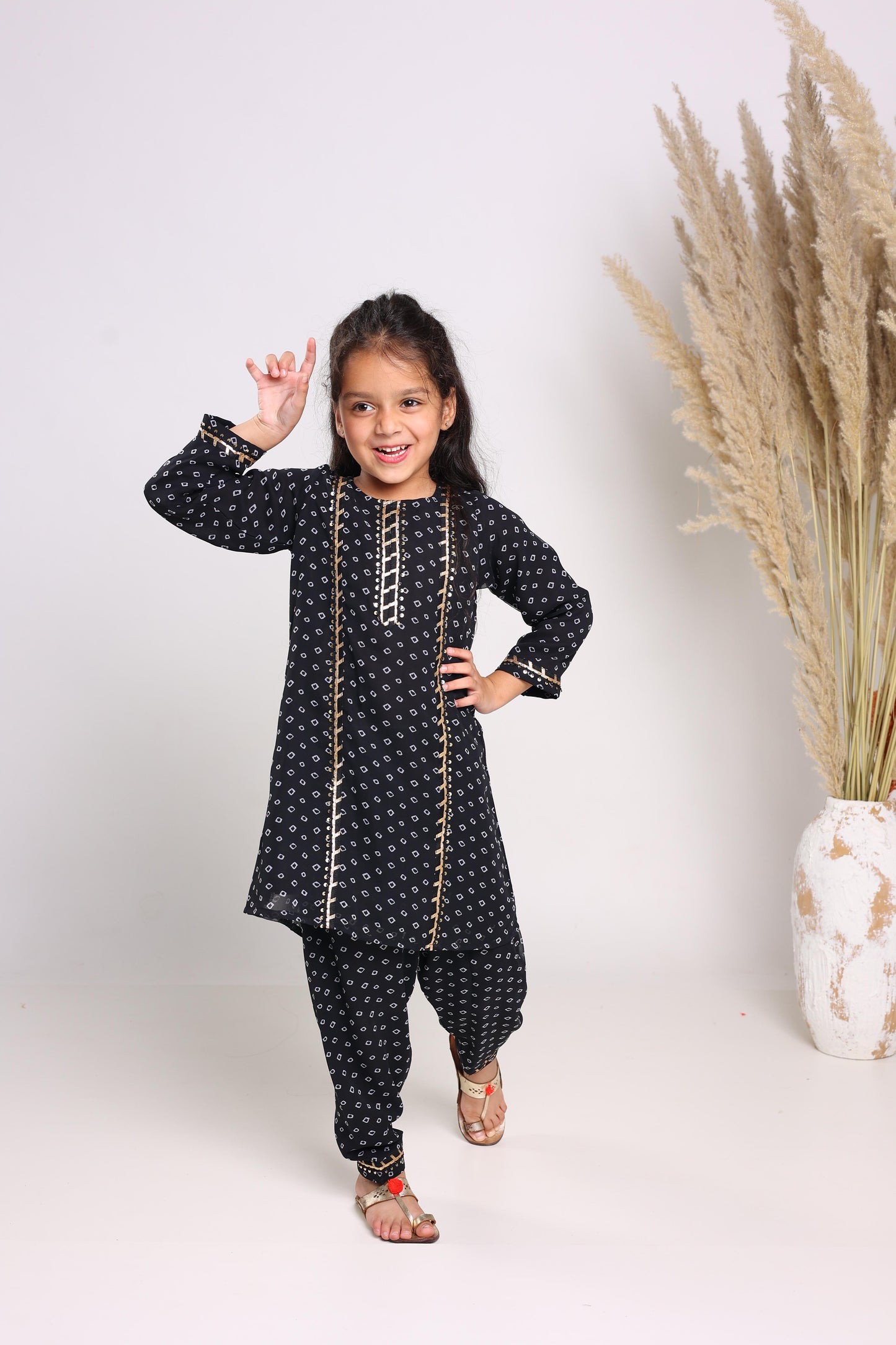 Black Pure Cotton Three Quarter Sleeves Printed Knee Length Kurta Sets For Girls