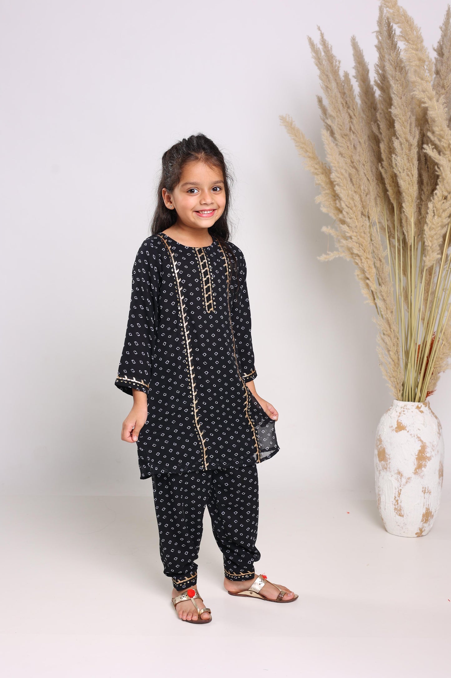 Black Pure Cotton Three Quarter Sleeves Printed Knee Length Kurta Sets For Girls
