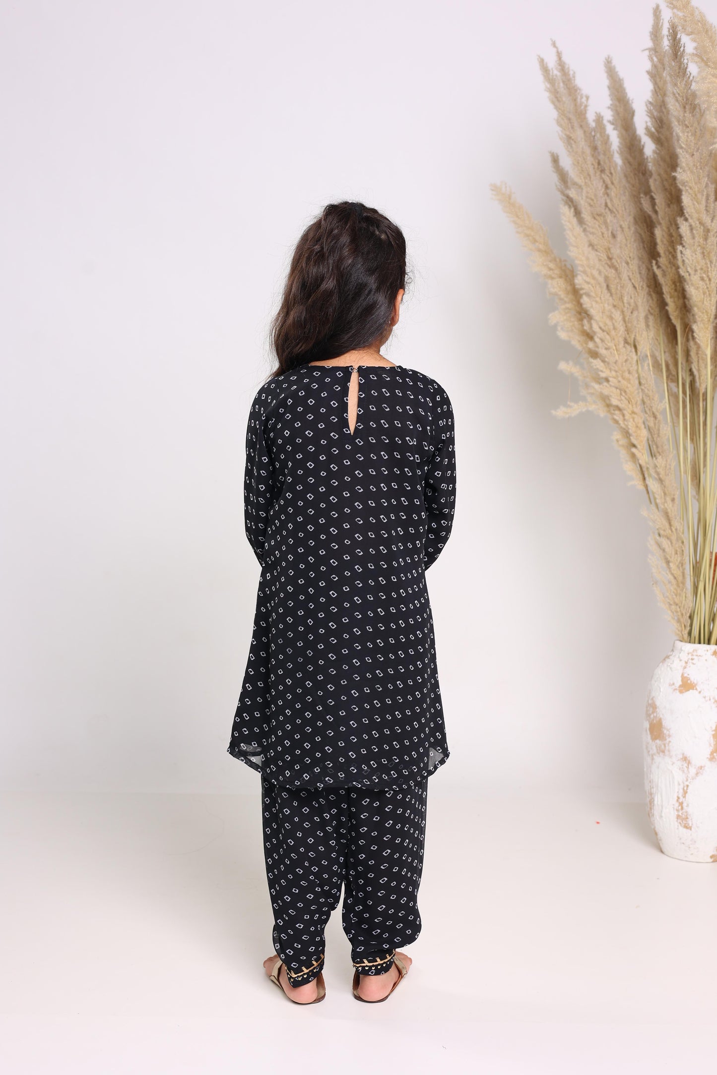 Black Pure Cotton Three Quarter Sleeves Printed Knee Length Kurta Sets For Girls