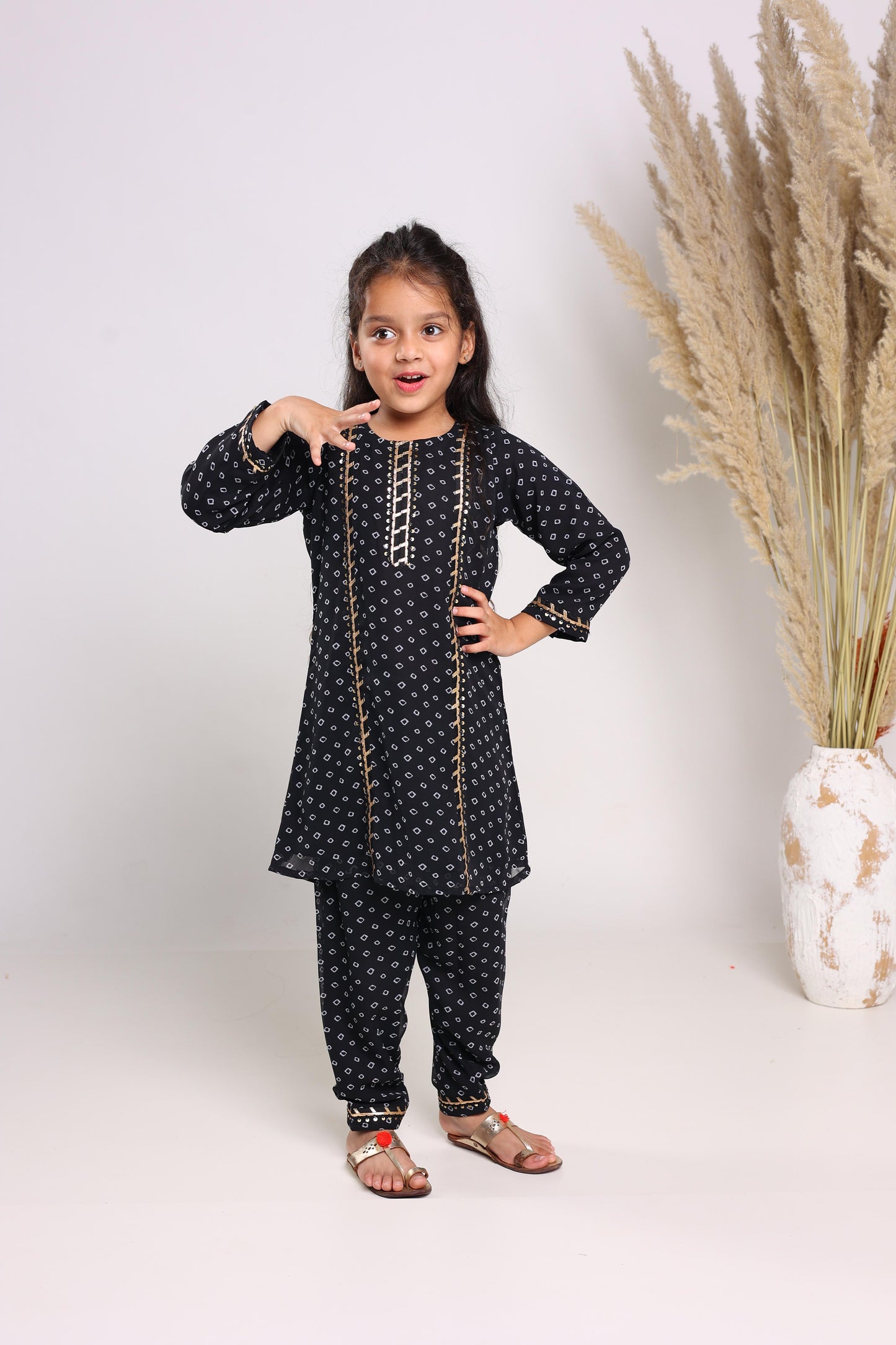 Black Pure Cotton Three Quarter Sleeves Printed Knee Length Kurta Sets For Girls