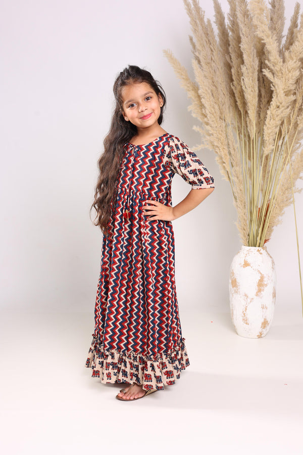 Multicolour Cotton Fit And Flare Maxi Dress For Girls