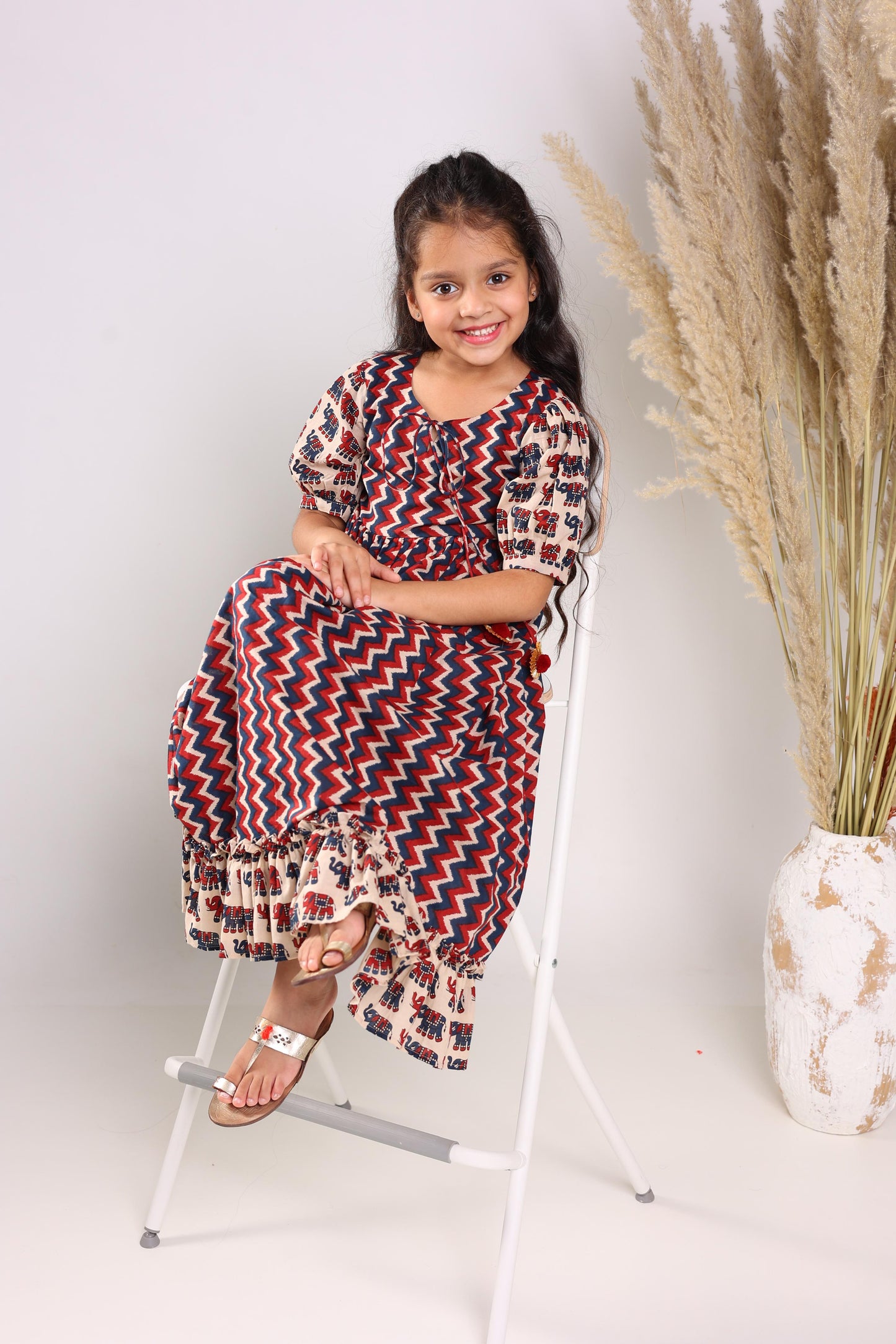 Multicolour Cotton Fit And Flare Maxi Dress For Girls