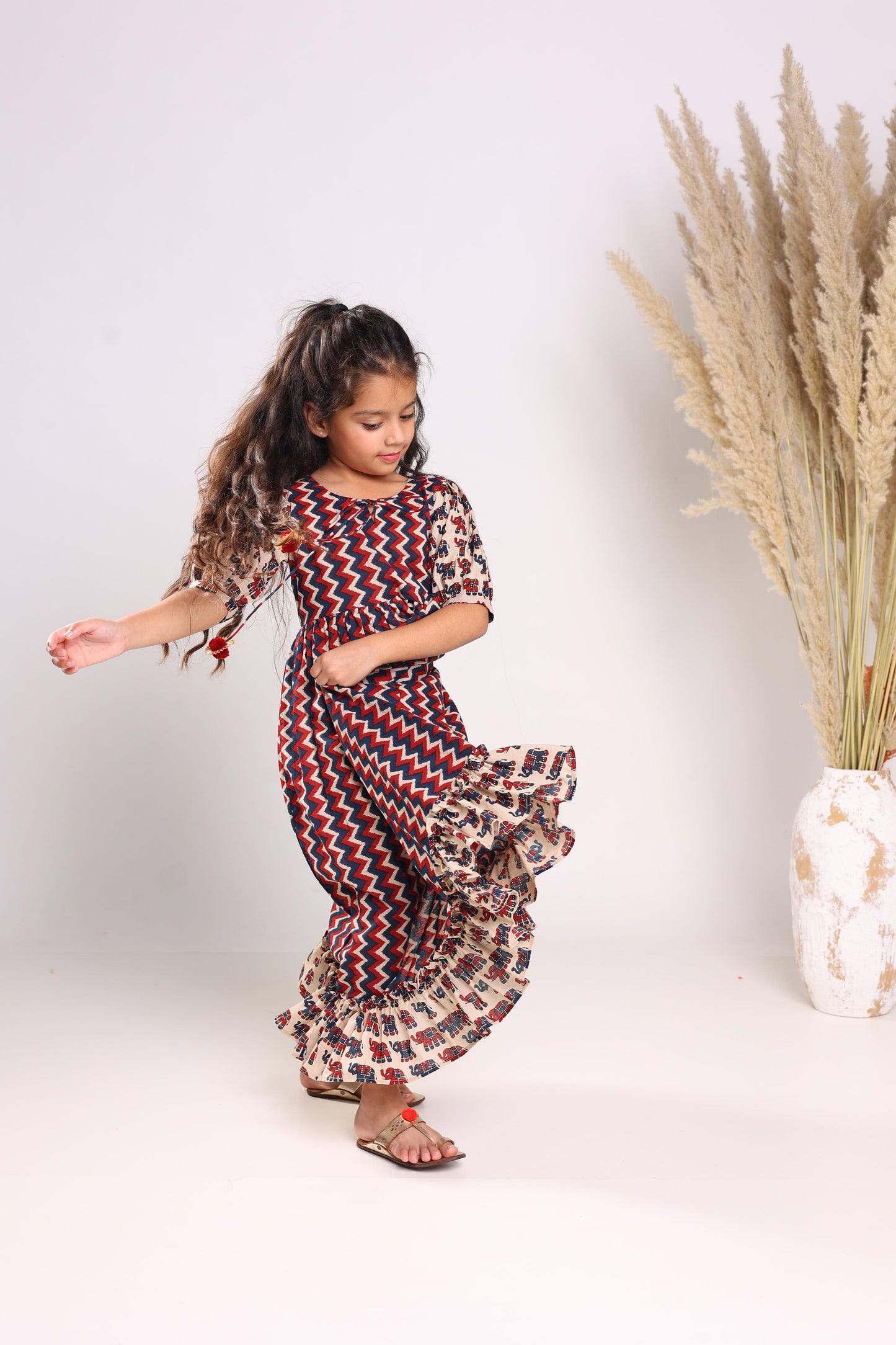 Multicolour Cotton Fit And Flare Maxi Dress For Girls