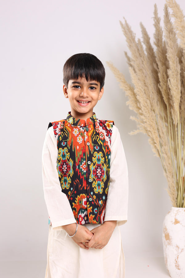 Cream Pure Cotton Long Sleeves Solid Knee Length Kurta Sets For Boys